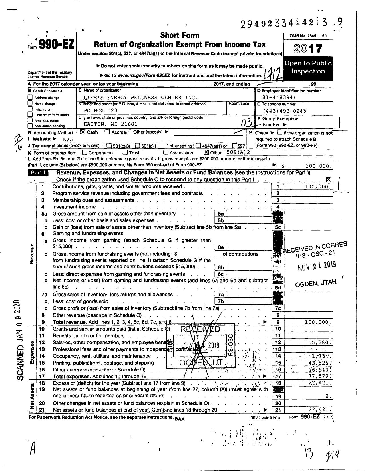 Image of first page of 2017 Form 990EZ for Life's Energy Wellness Center