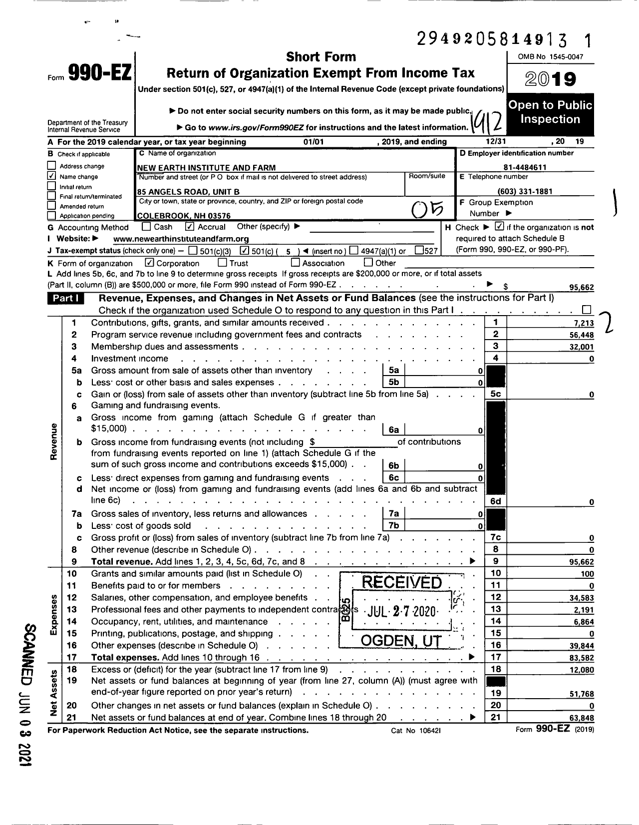 Image of first page of 2019 Form 990EO for New Earth Institute and Farm