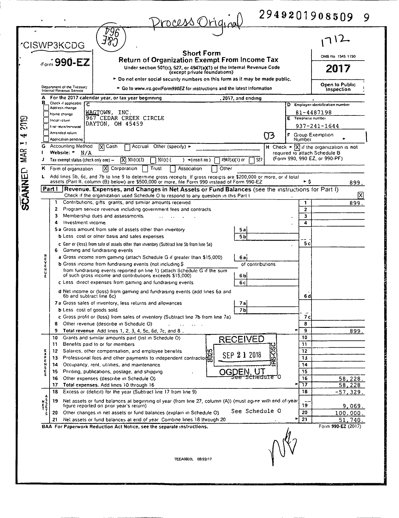 Image of first page of 2017 Form 990EZ for Wagtown