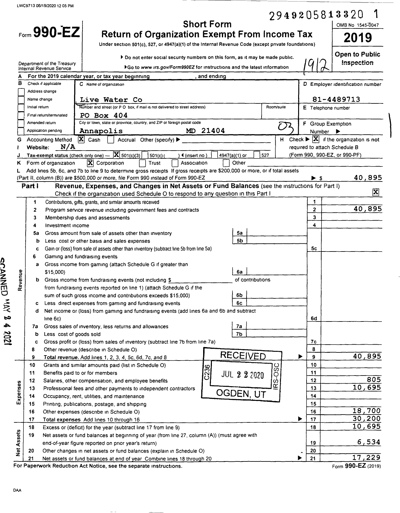 Image of first page of 2019 Form 990EZ for Live Water