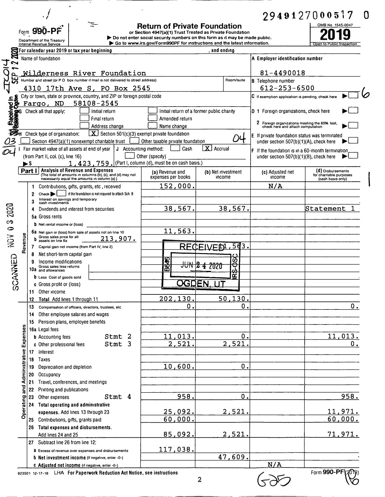 Image of first page of 2019 Form 990PF for Wilderness River Foundation