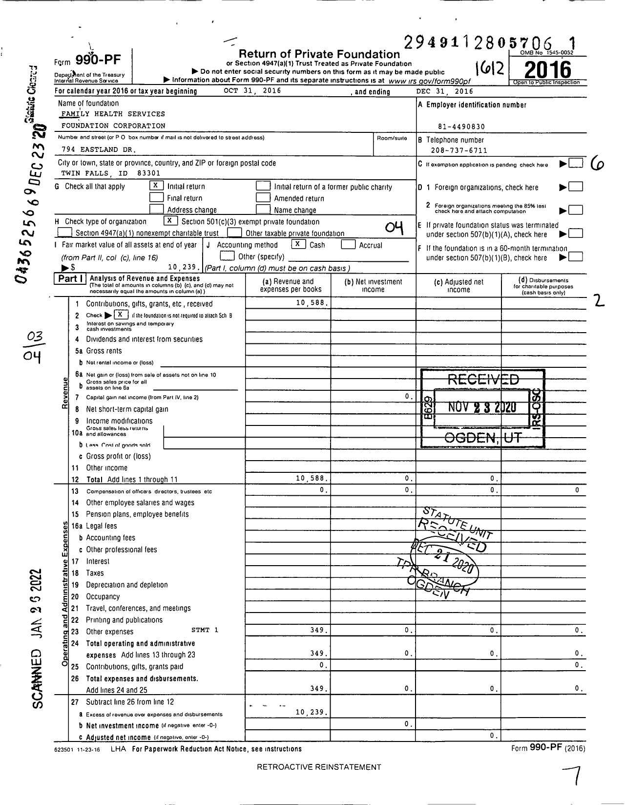 Image of first page of 2016 Form 990PF for Family Health Services Foundation Corporation