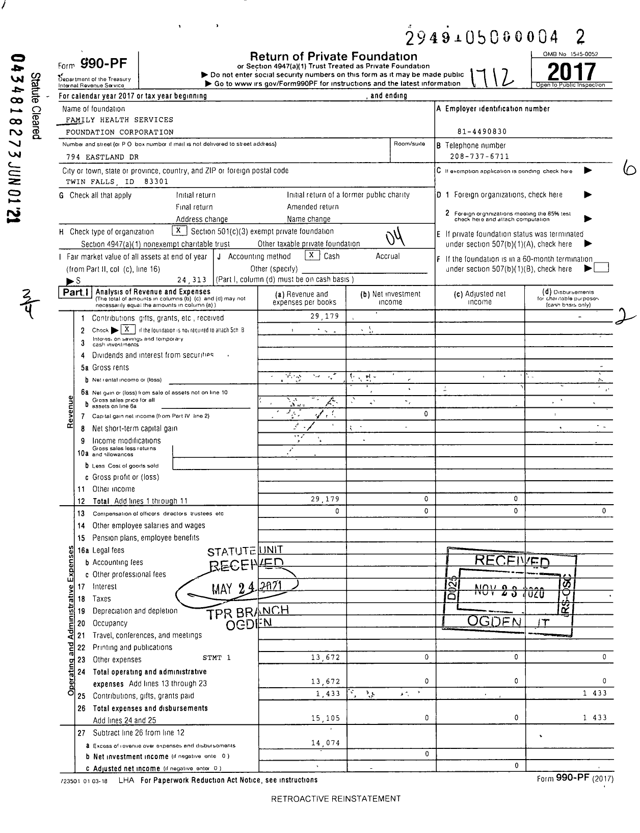 Image of first page of 2017 Form 990PF for Family Health Services Foundation Corporation