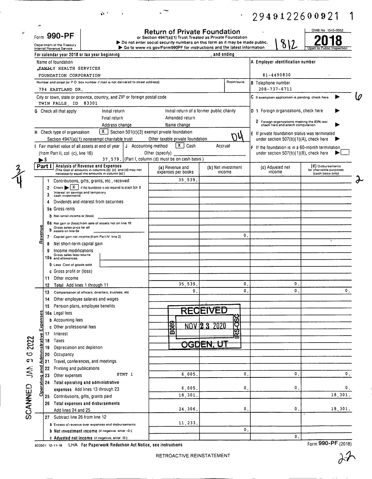 Image of first page of 2018 Form 990PF for Family Health Services Foundation Corporation