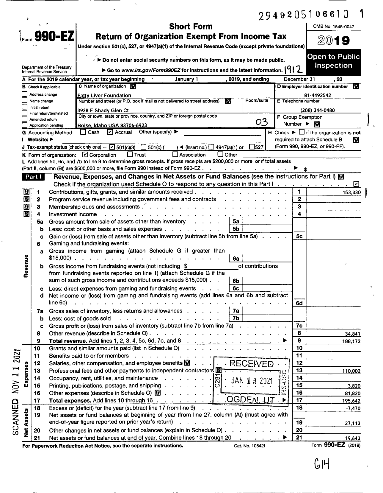 Image of first page of 2019 Form 990EZ for Fatty Liver Foundation