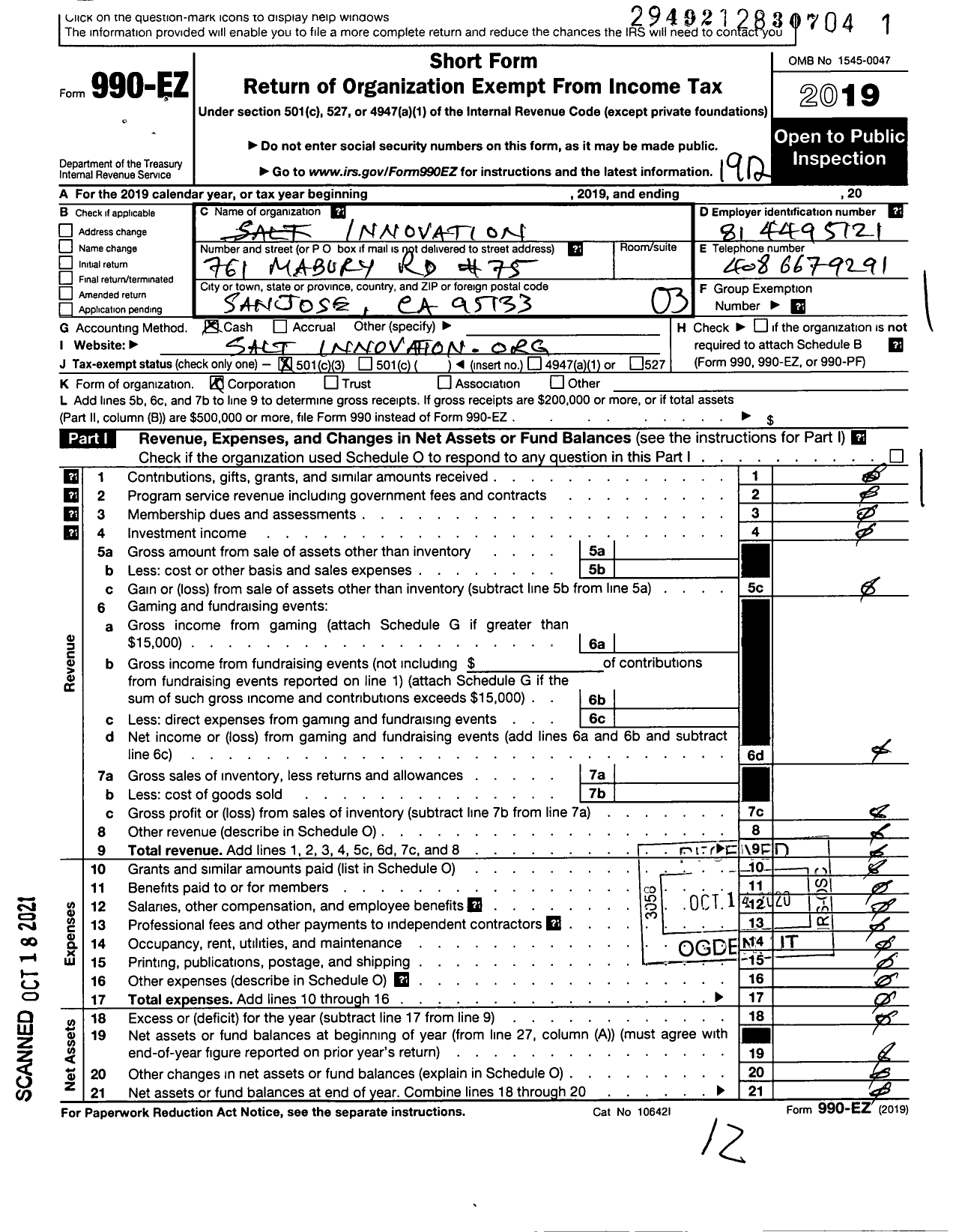 Image of first page of 2019 Form 990EZ for Salt Innovation