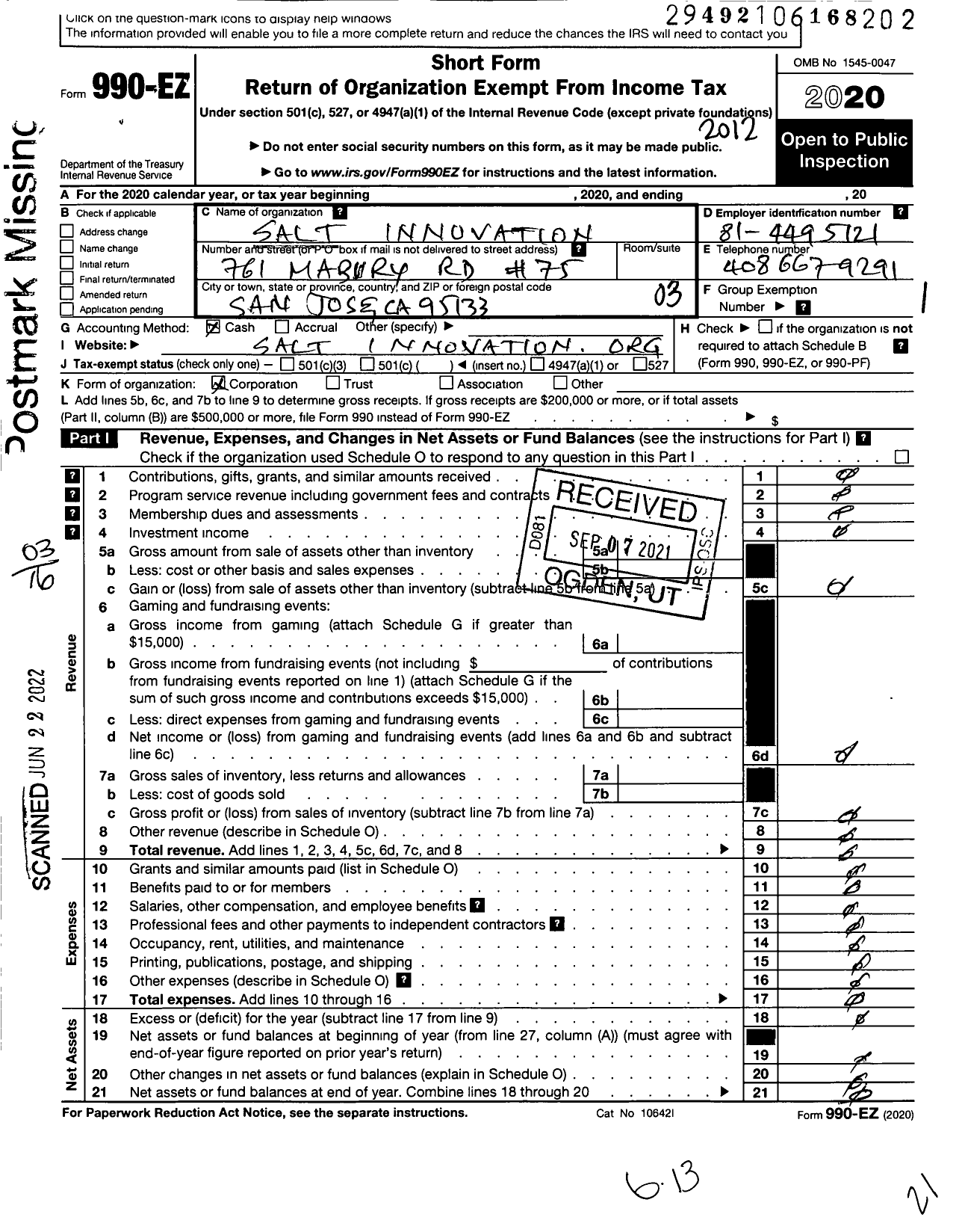 Image of first page of 2020 Form 990EZ for Salt Innovation