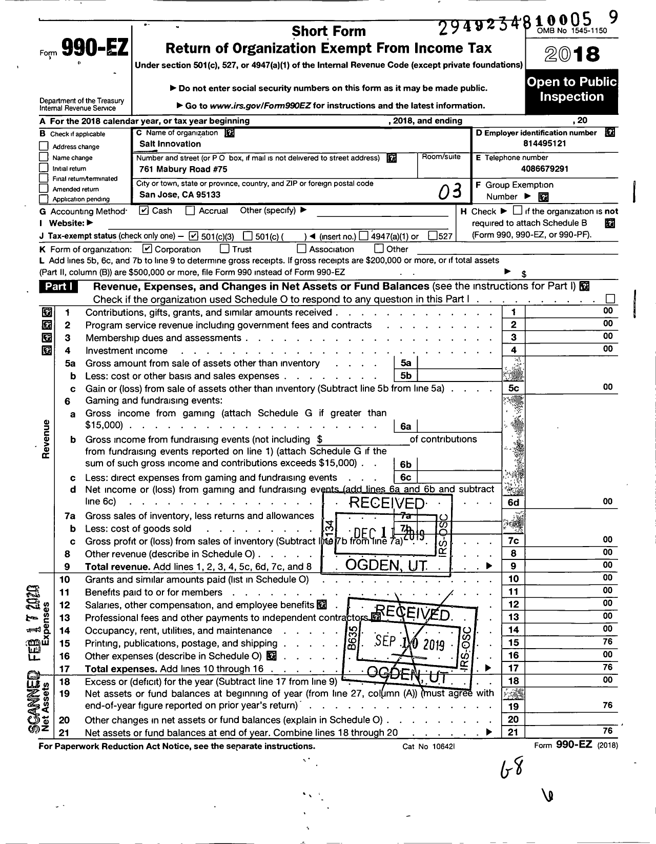 Image of first page of 2018 Form 990EZ for Salt Innovation