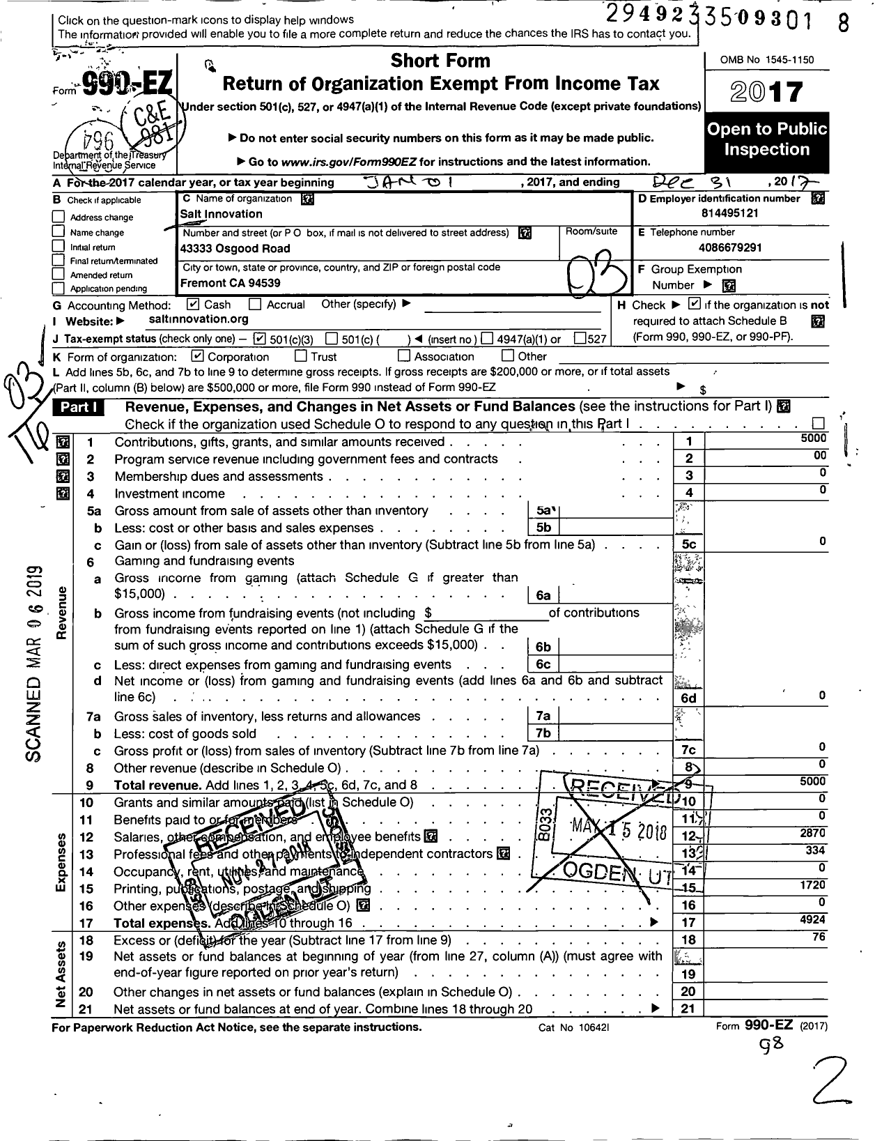 Image of first page of 2017 Form 990EZ for Salt Innovation