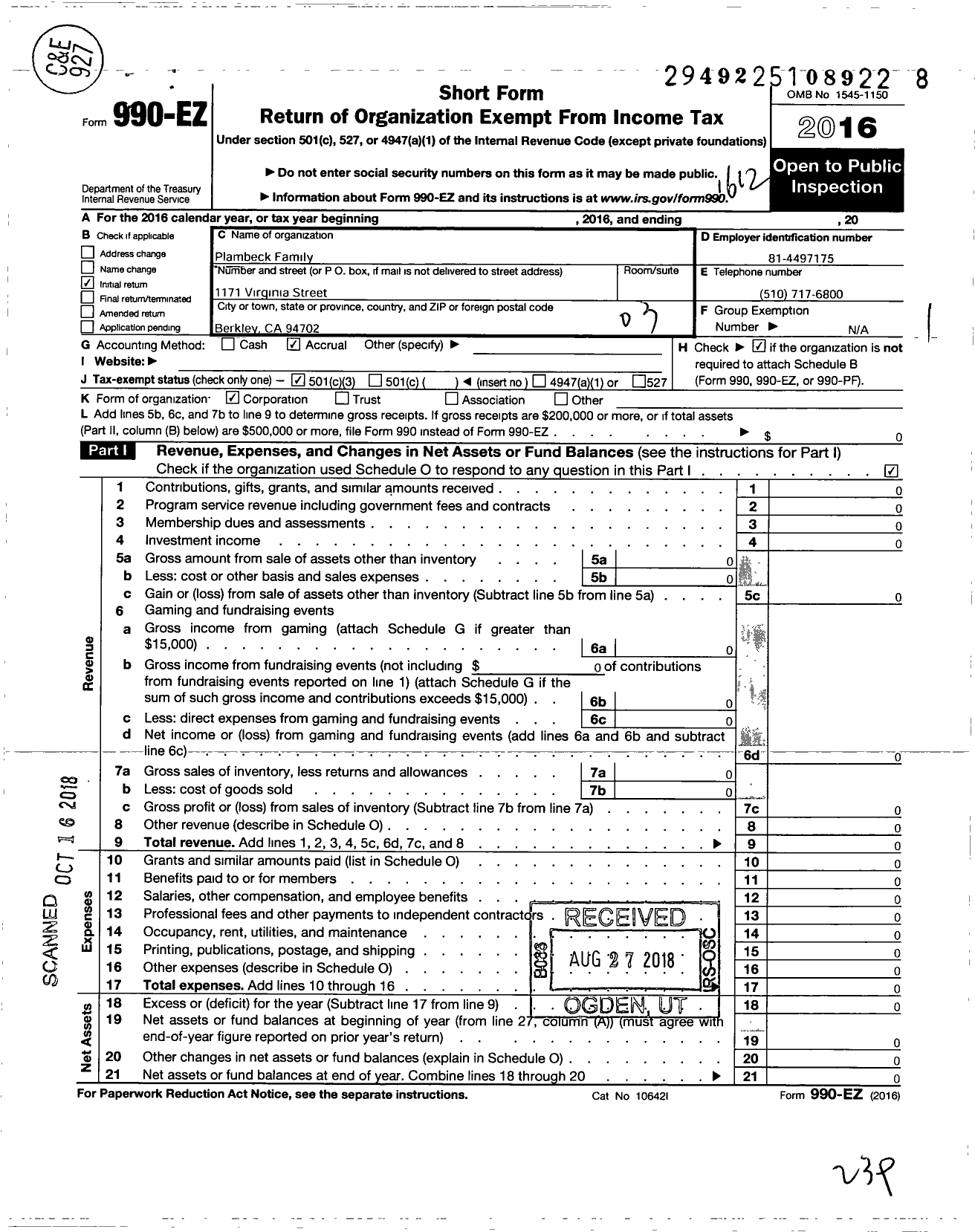 Image of first page of 2016 Form 990EZ for Plambeck Family