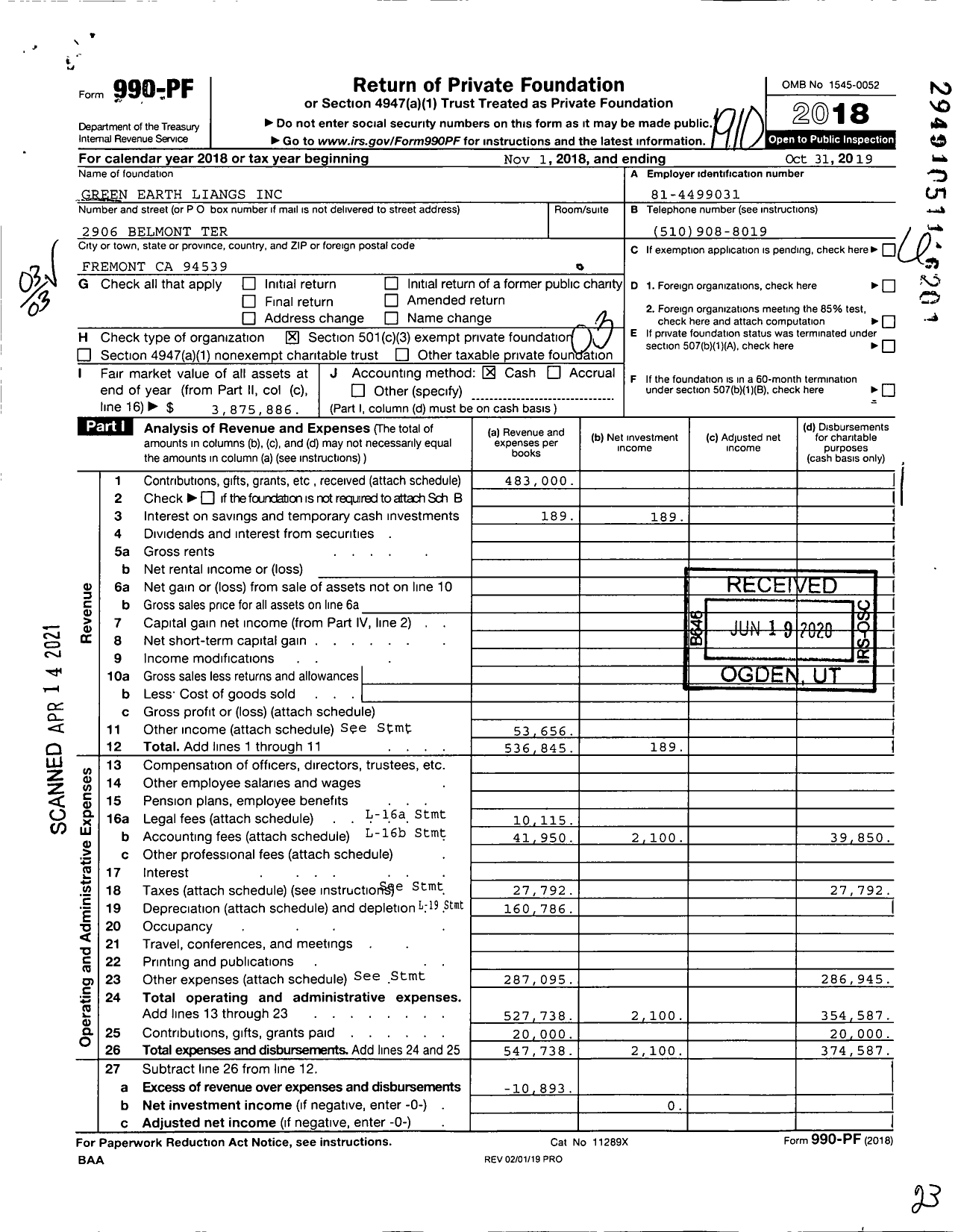 Image of first page of 2018 Form 990PF for Green Earth Liangs