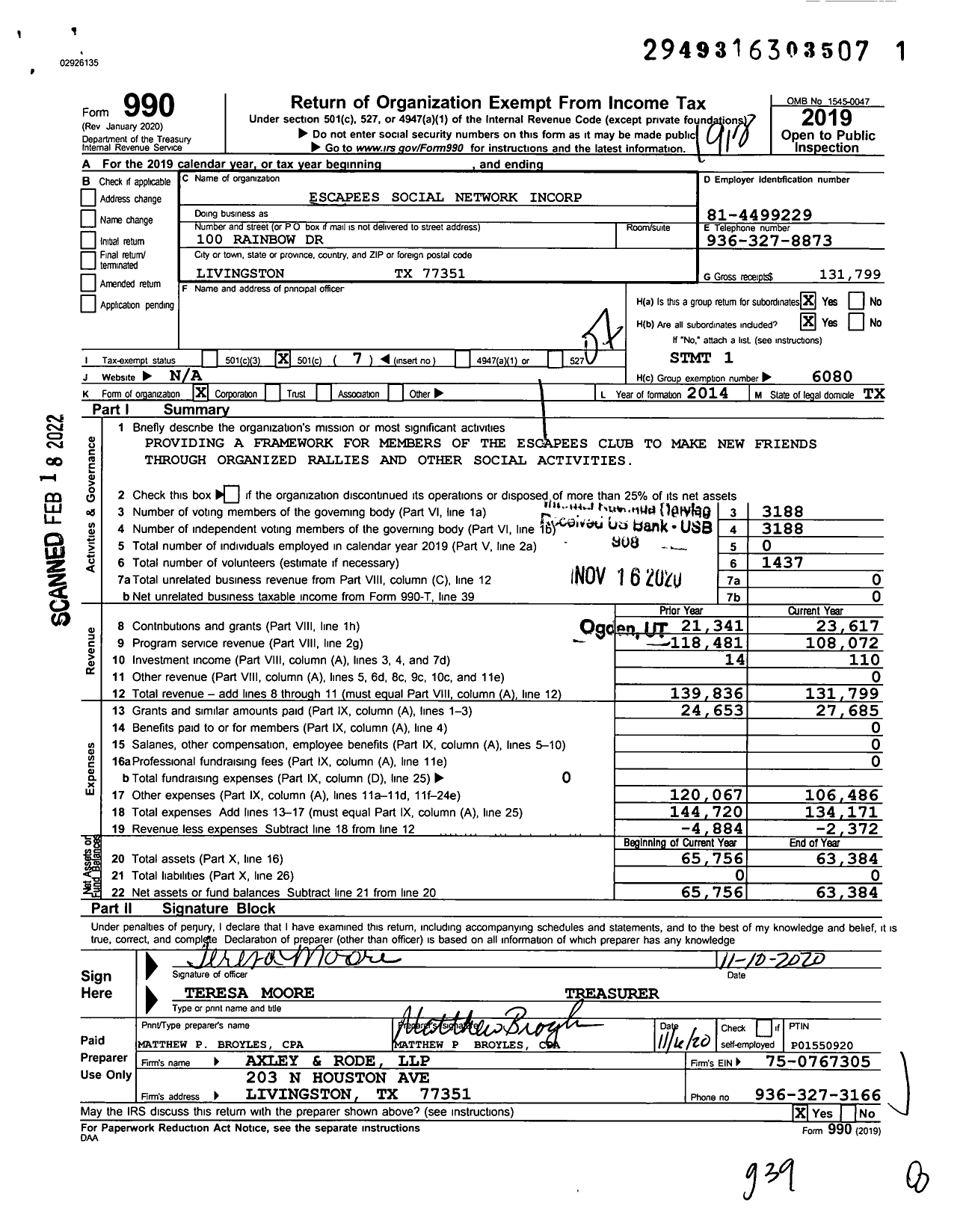 Image of first page of 2019 Form 990O for Escapees Social Network Incorp