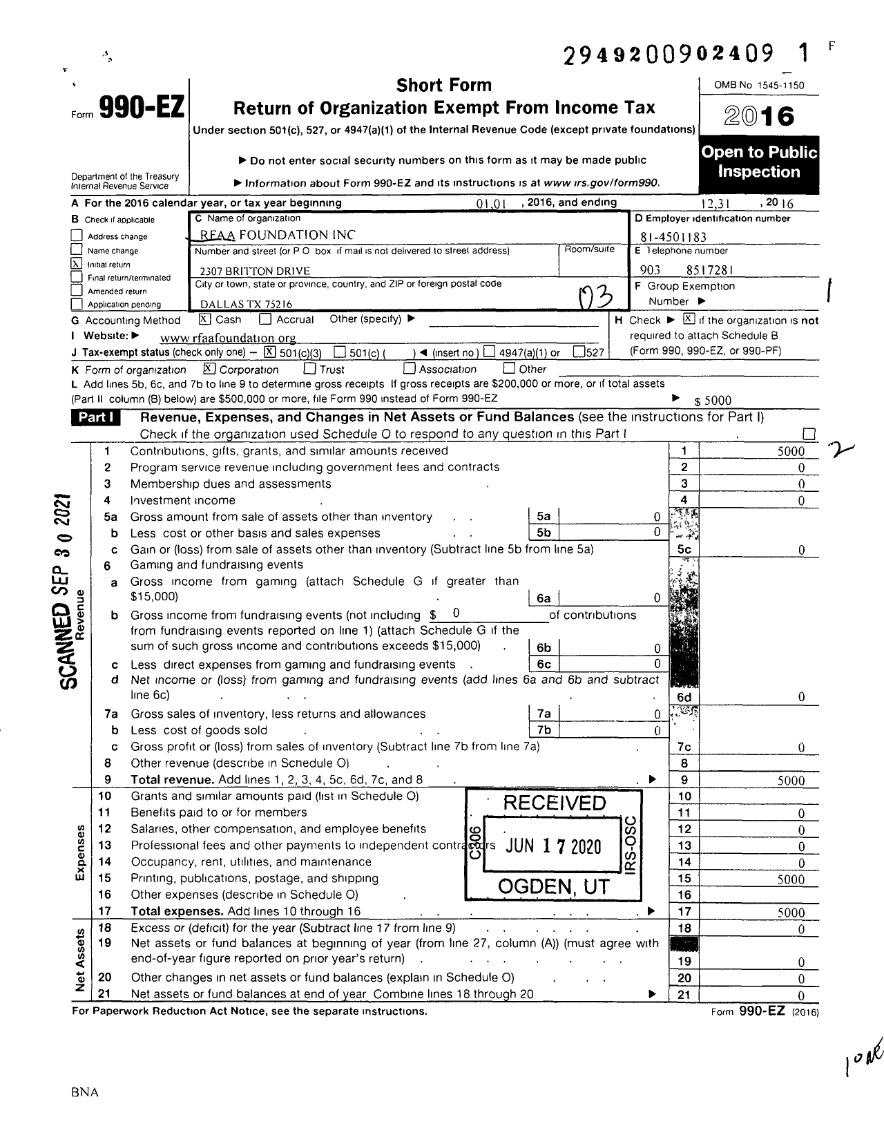 Image of first page of 2016 Form 990EZ for Rfaa Foundation