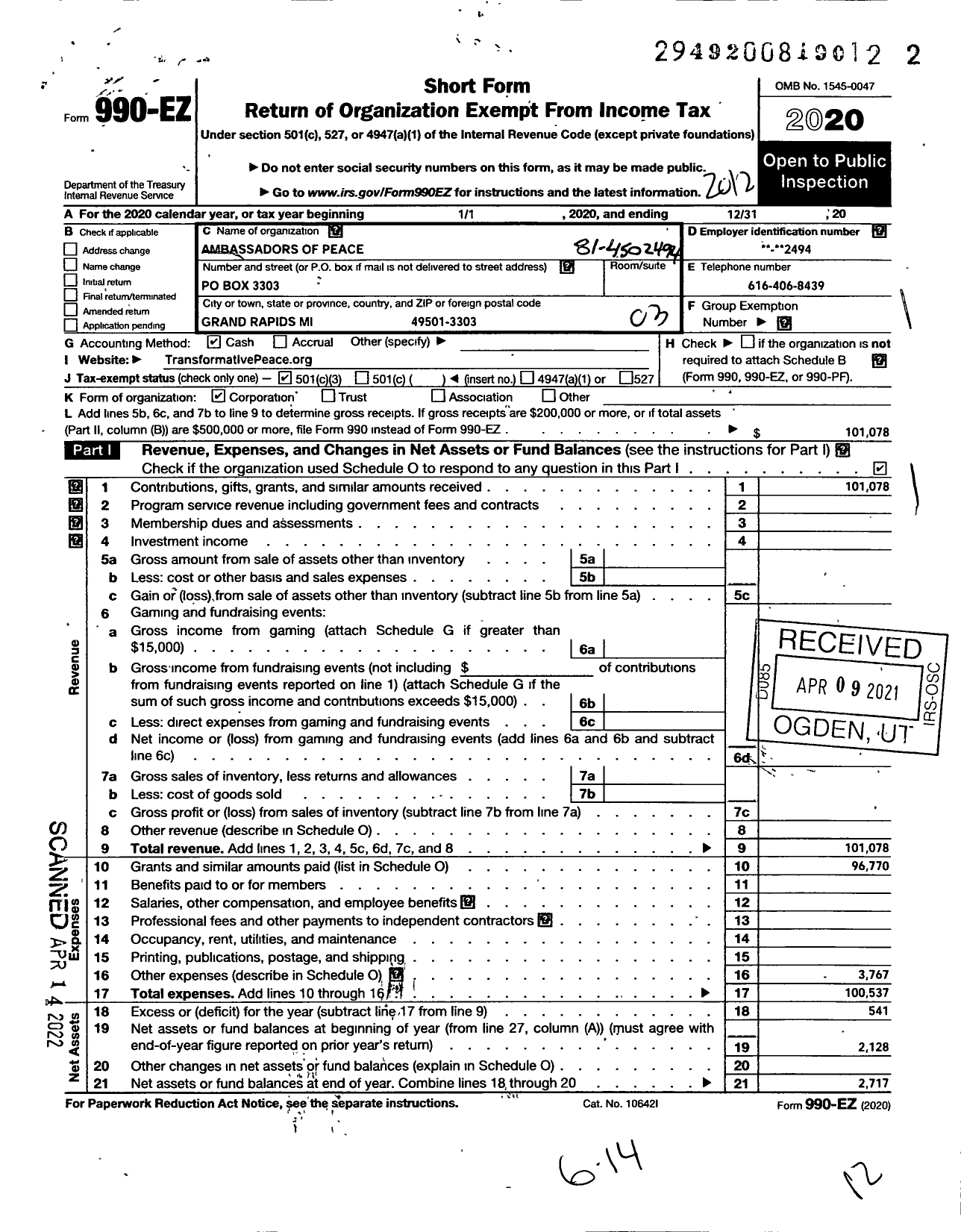 Image of first page of 2020 Form 990EZ for Ambassadors of Peace