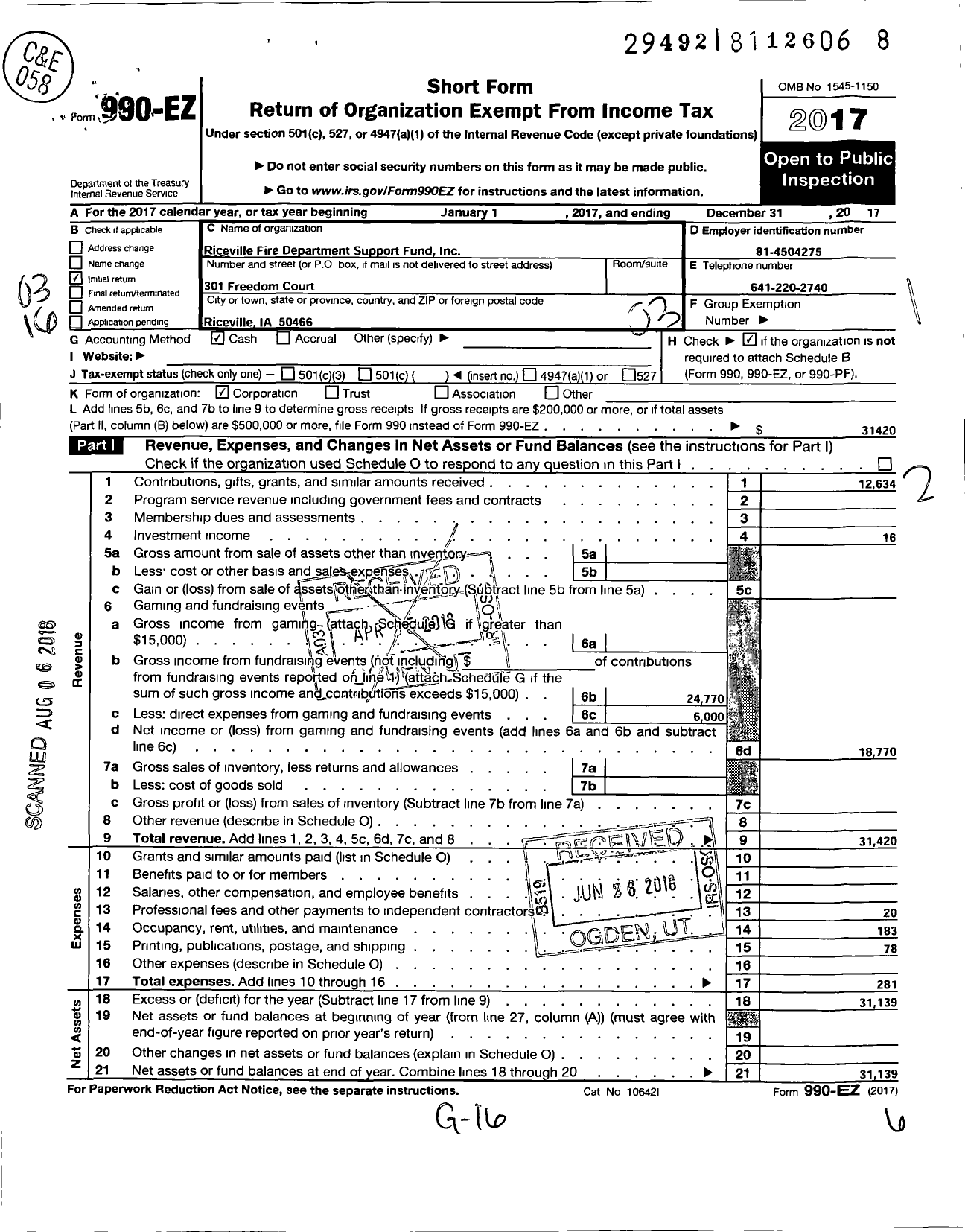 Image of first page of 2017 Form 990EZ for Riceville Fire Department Support Fund