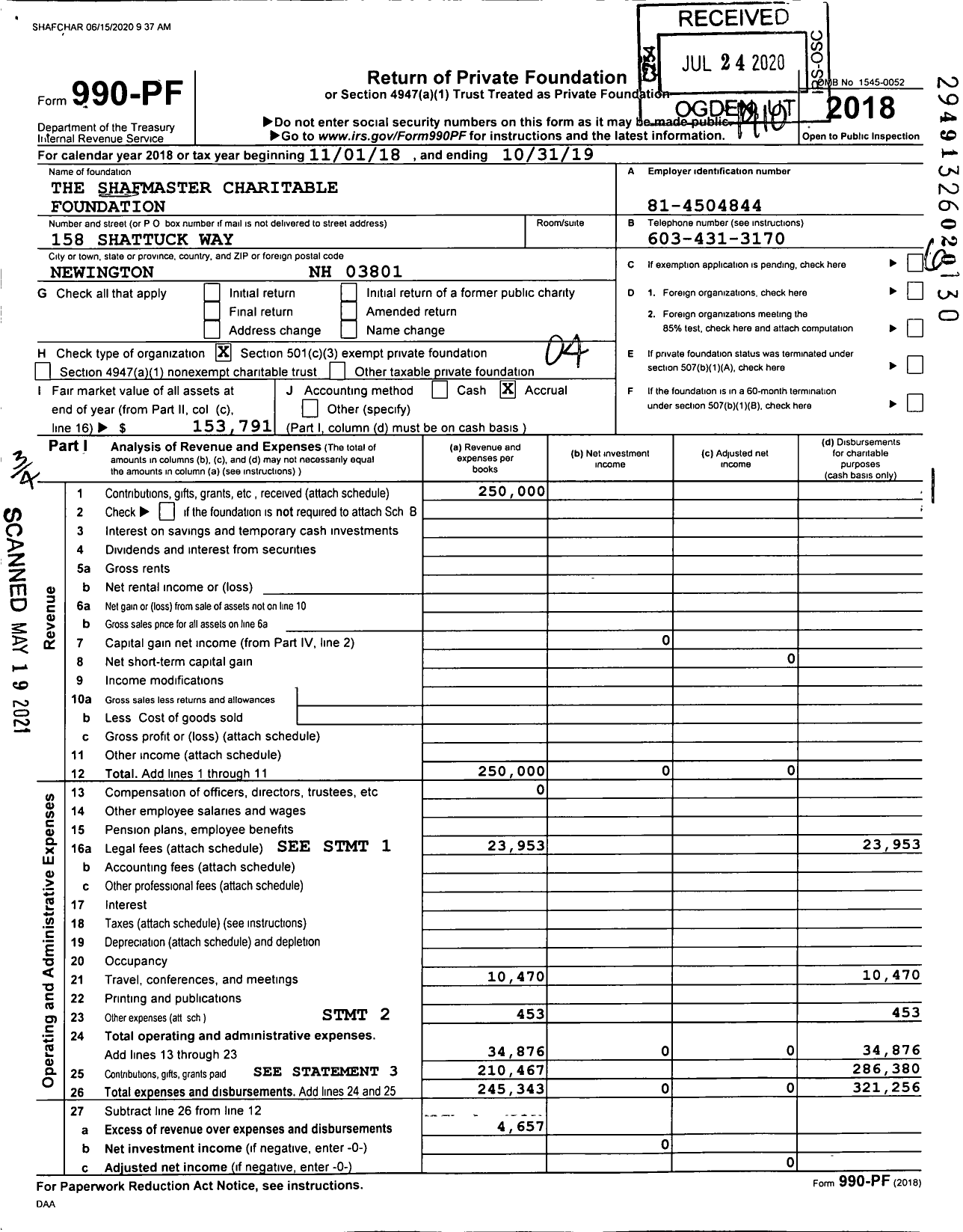 Image of first page of 2018 Form 990PF for The Shafmaster Charitable Foundation