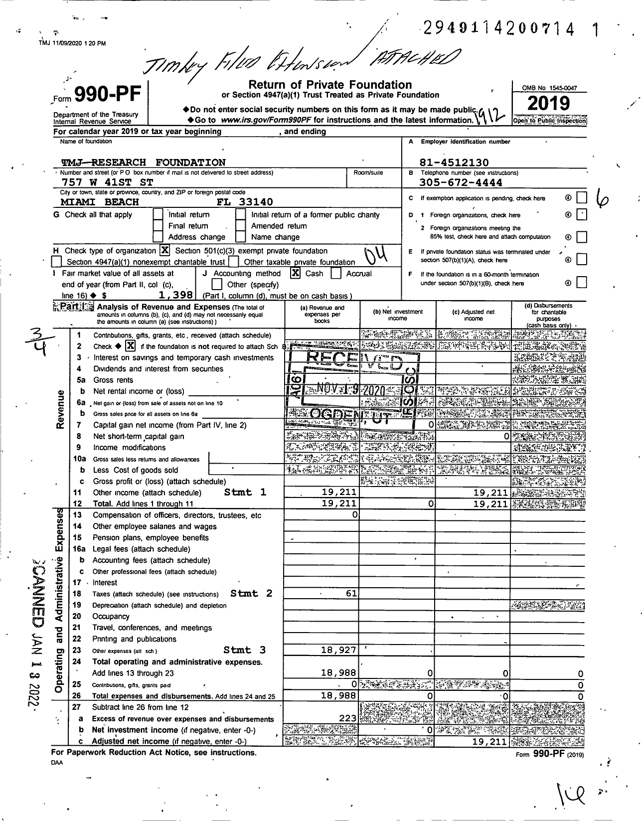 Image of first page of 2019 Form 990PF for TMJ Research Foundaiton