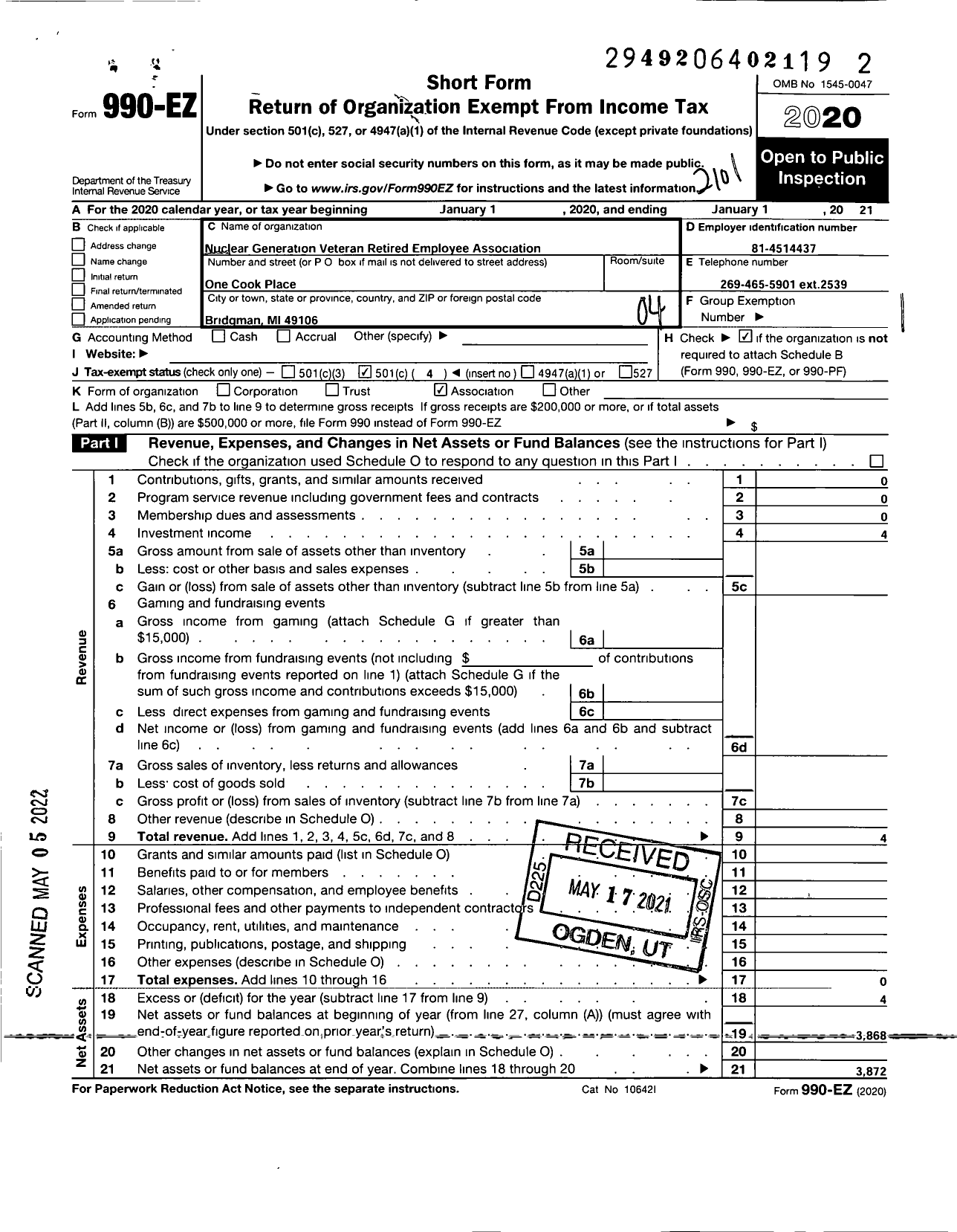 Image of first page of 2020 Form 990EO for Nuclear Generation Veteran and Retired Employees Association