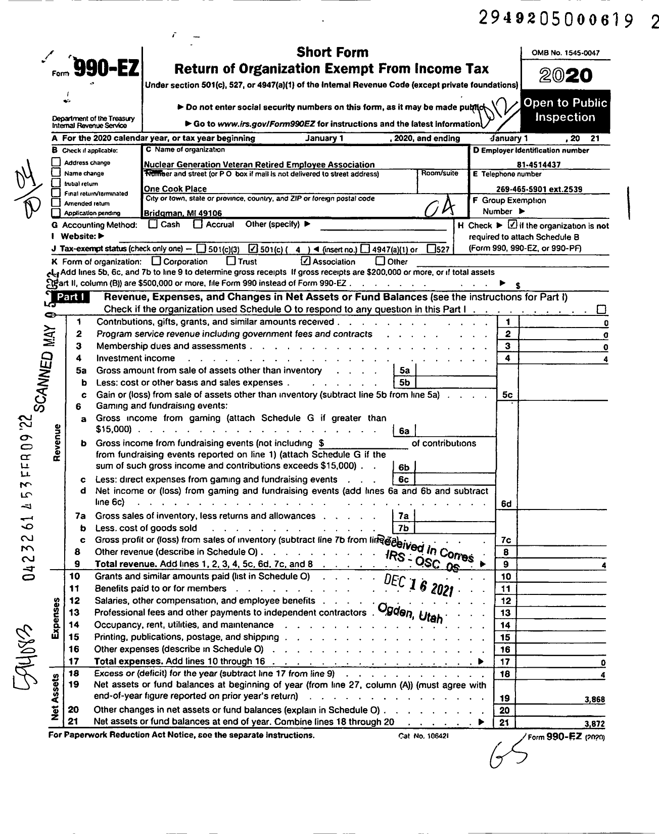 Image of first page of 2020 Form 990EO for Nuclear Generation Veteran and Retired Employees Association