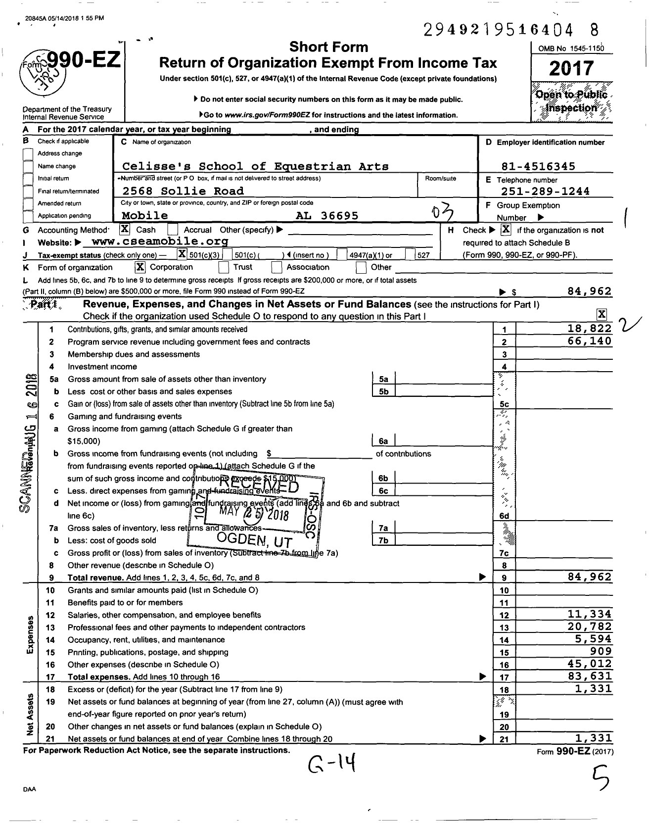 Image of first page of 2017 Form 990EZ for Celisse's School of Equestrian Arts