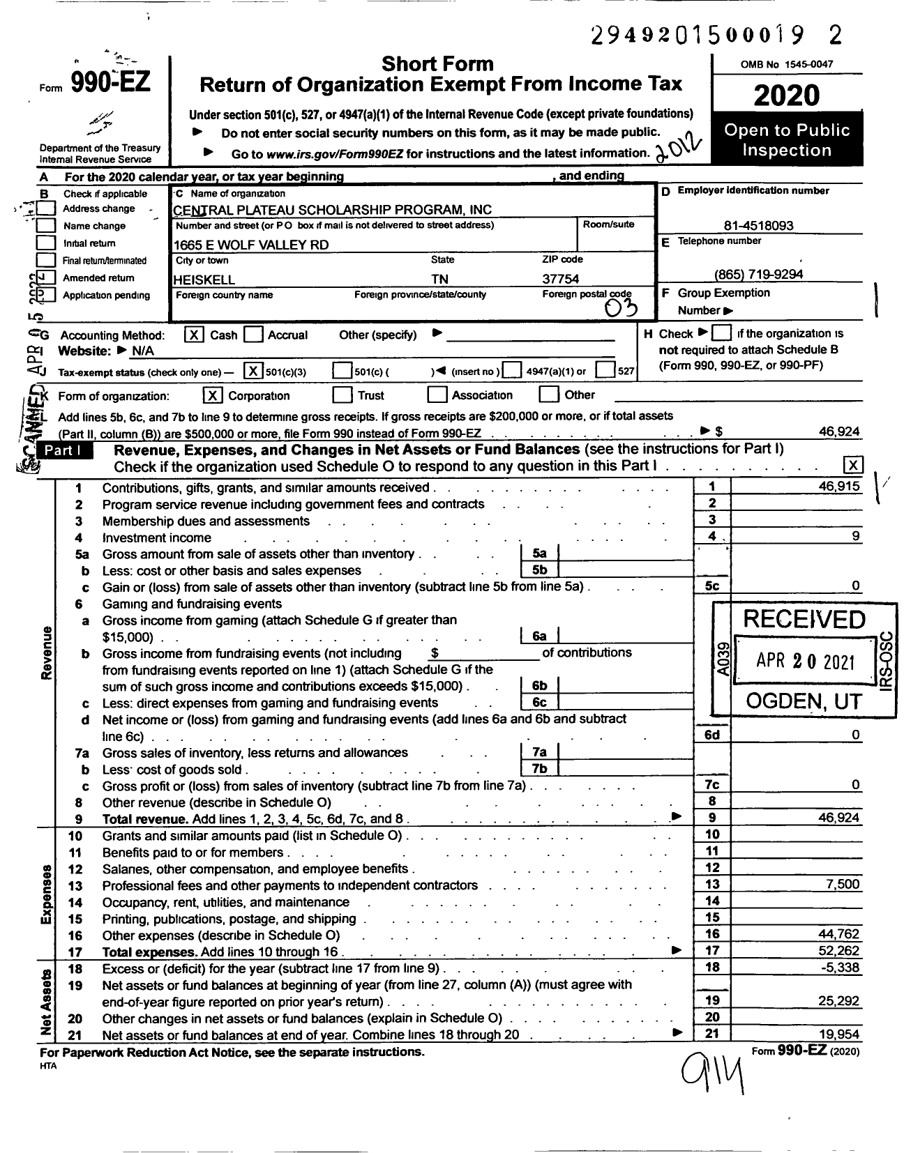 Image of first page of 2020 Form 990EZ for Central Plateau Scholarship Program