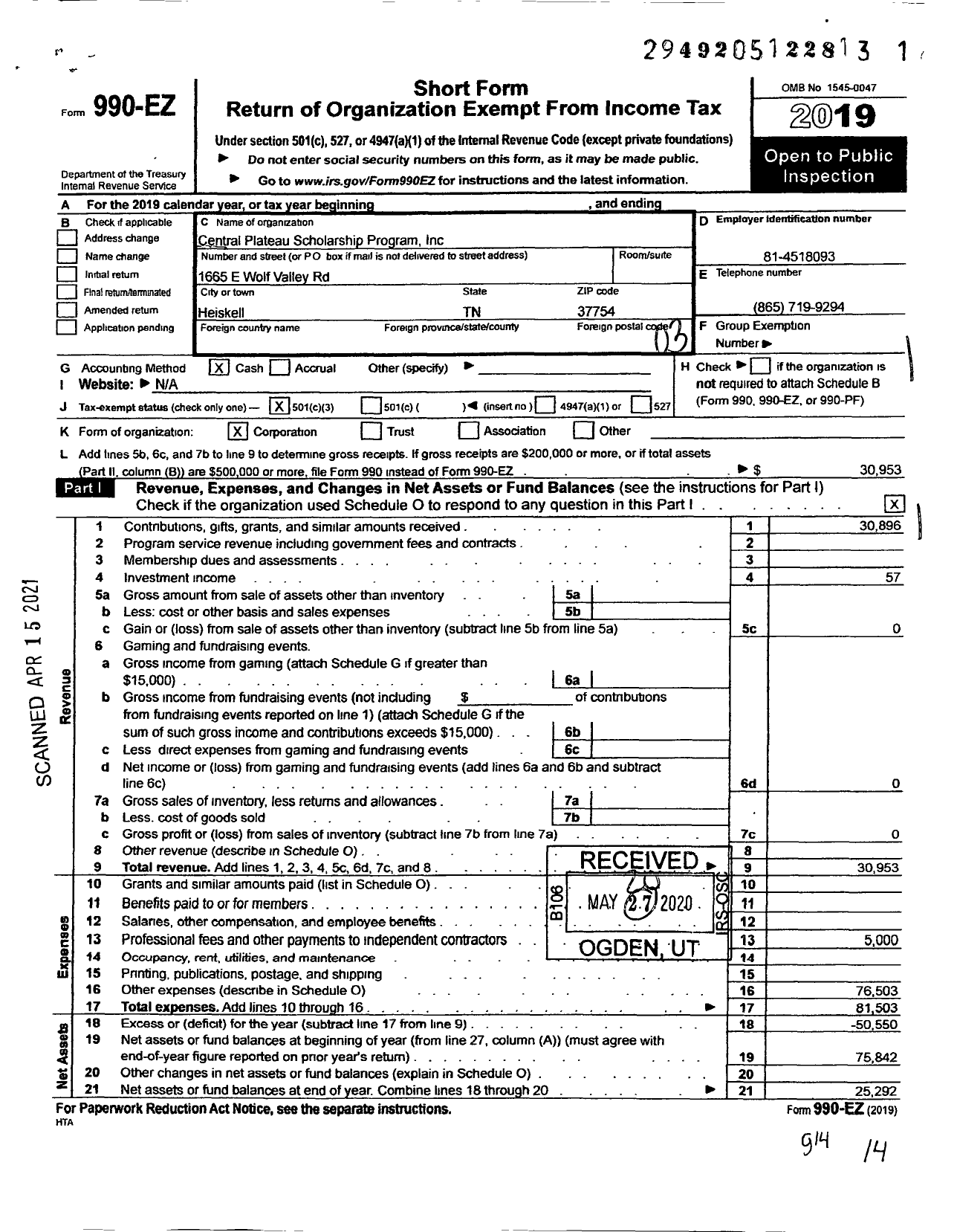 Image of first page of 2019 Form 990EZ for Central Plateau Scholarship Program