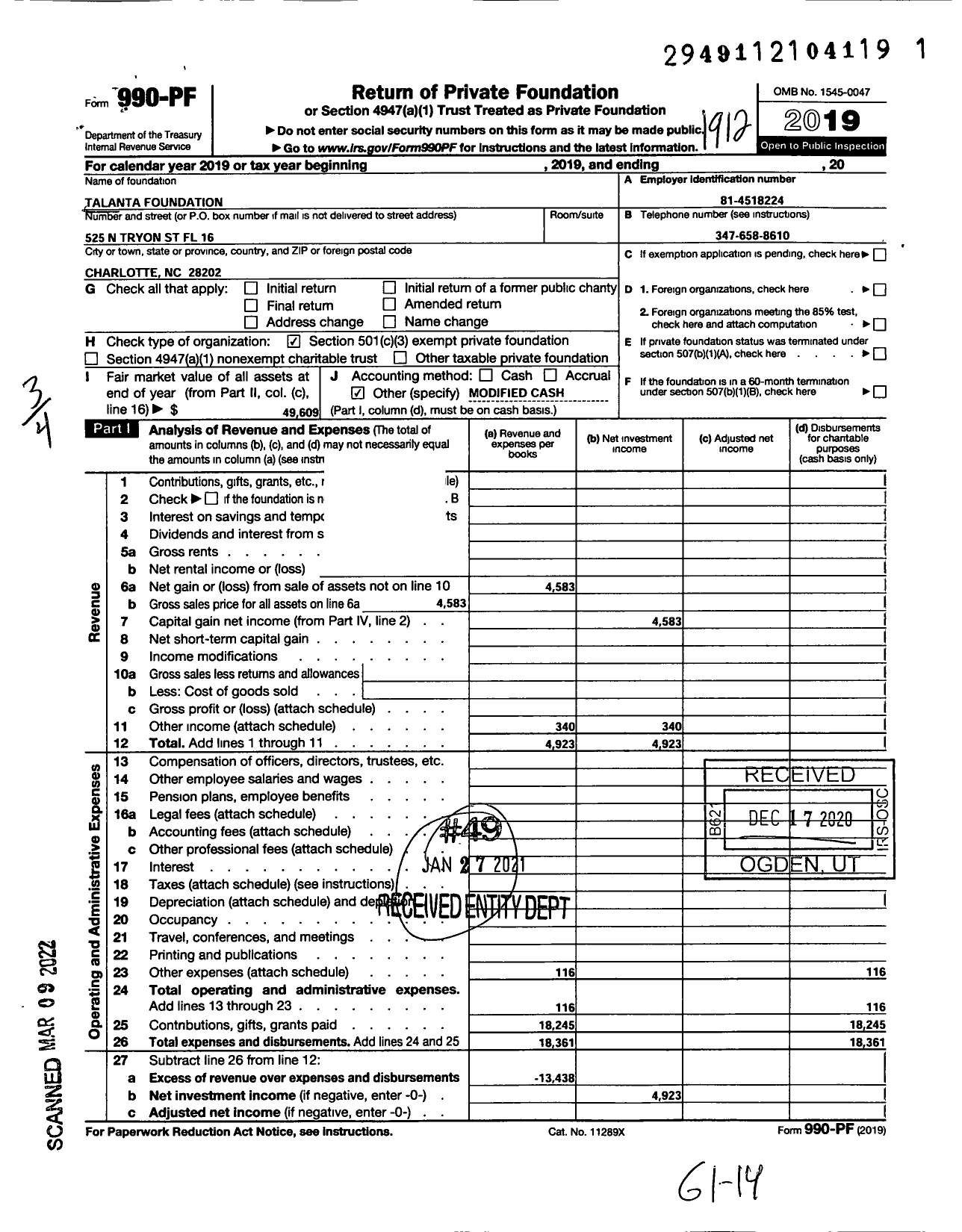 Image of first page of 2019 Form 990PF for Talanta Foundation