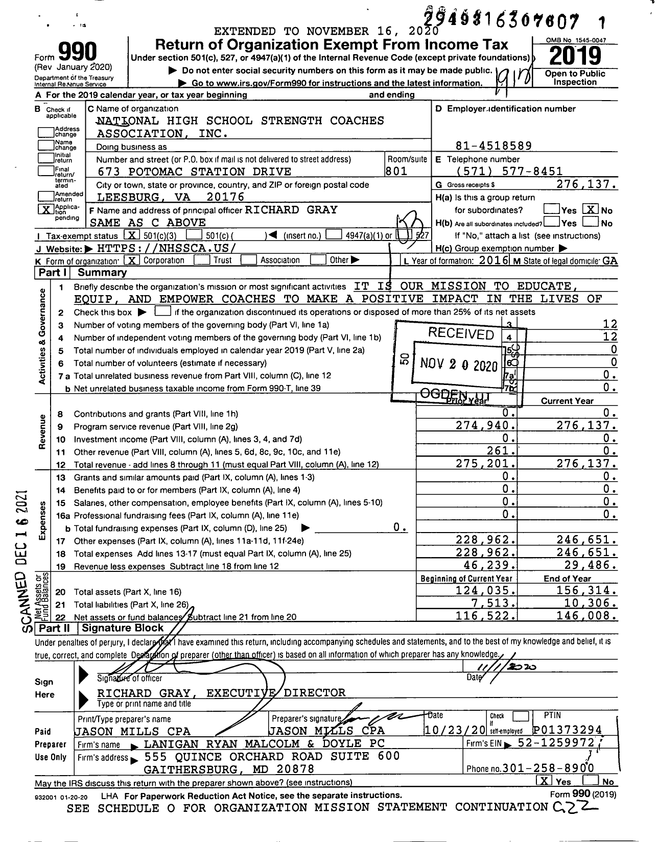 Image of first page of 2019 Form 990 for National High School Strength Coaches Association