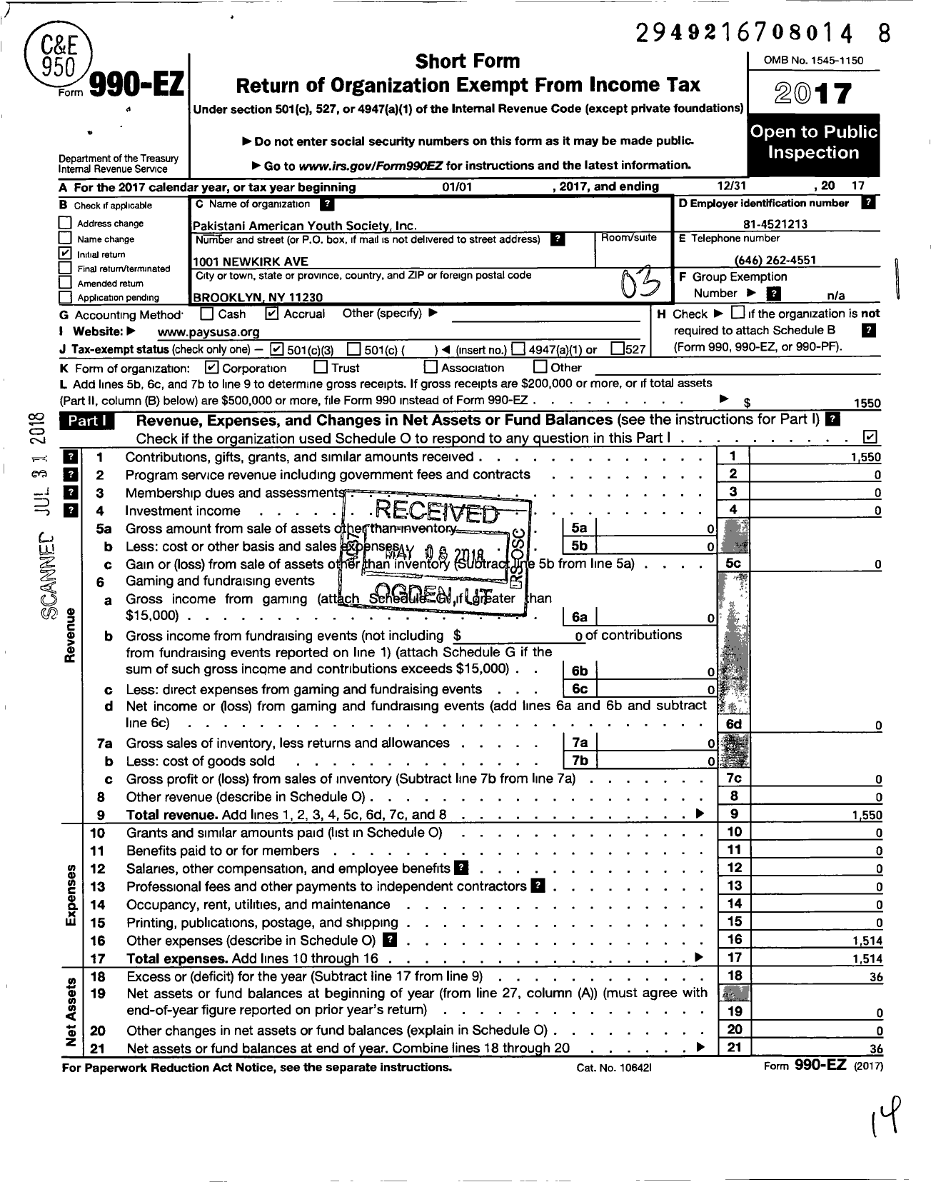 Image of first page of 2017 Form 990EZ for Pakistani American Youth Society