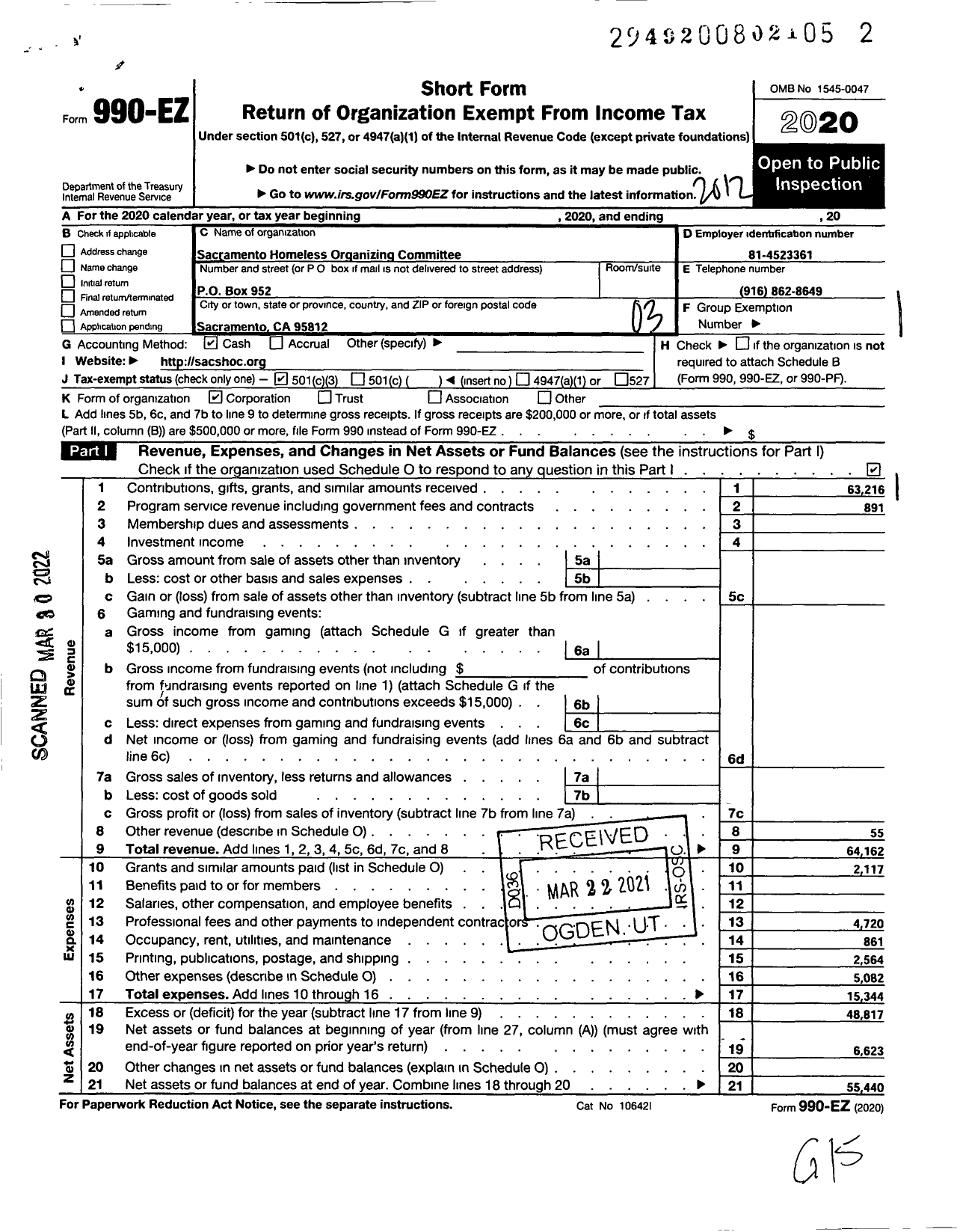 Image of first page of 2020 Form 990EZ for Sacramento Homeless Organizing Committee