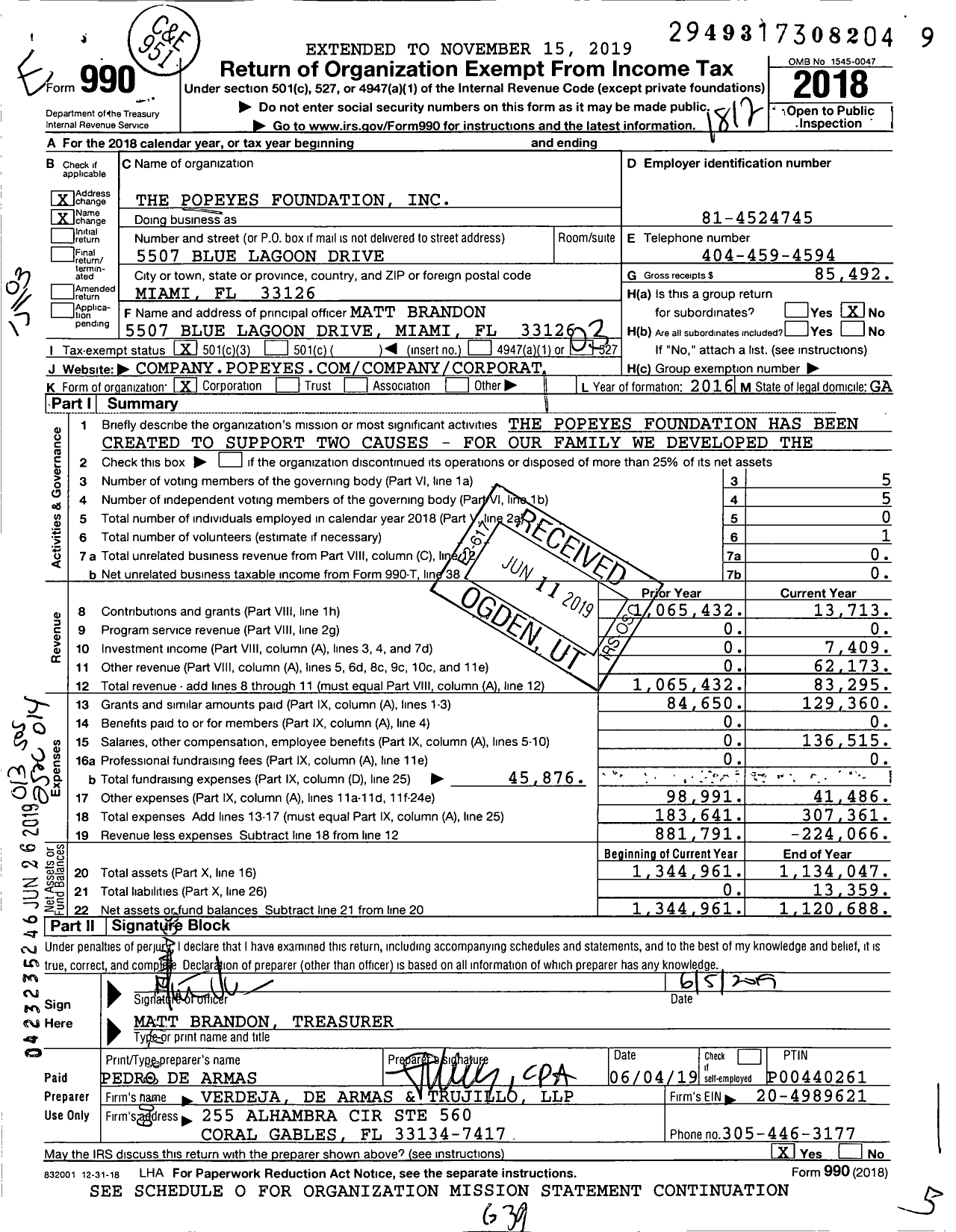Image of first page of 2018 Form 990 for The Popeyes Foundation