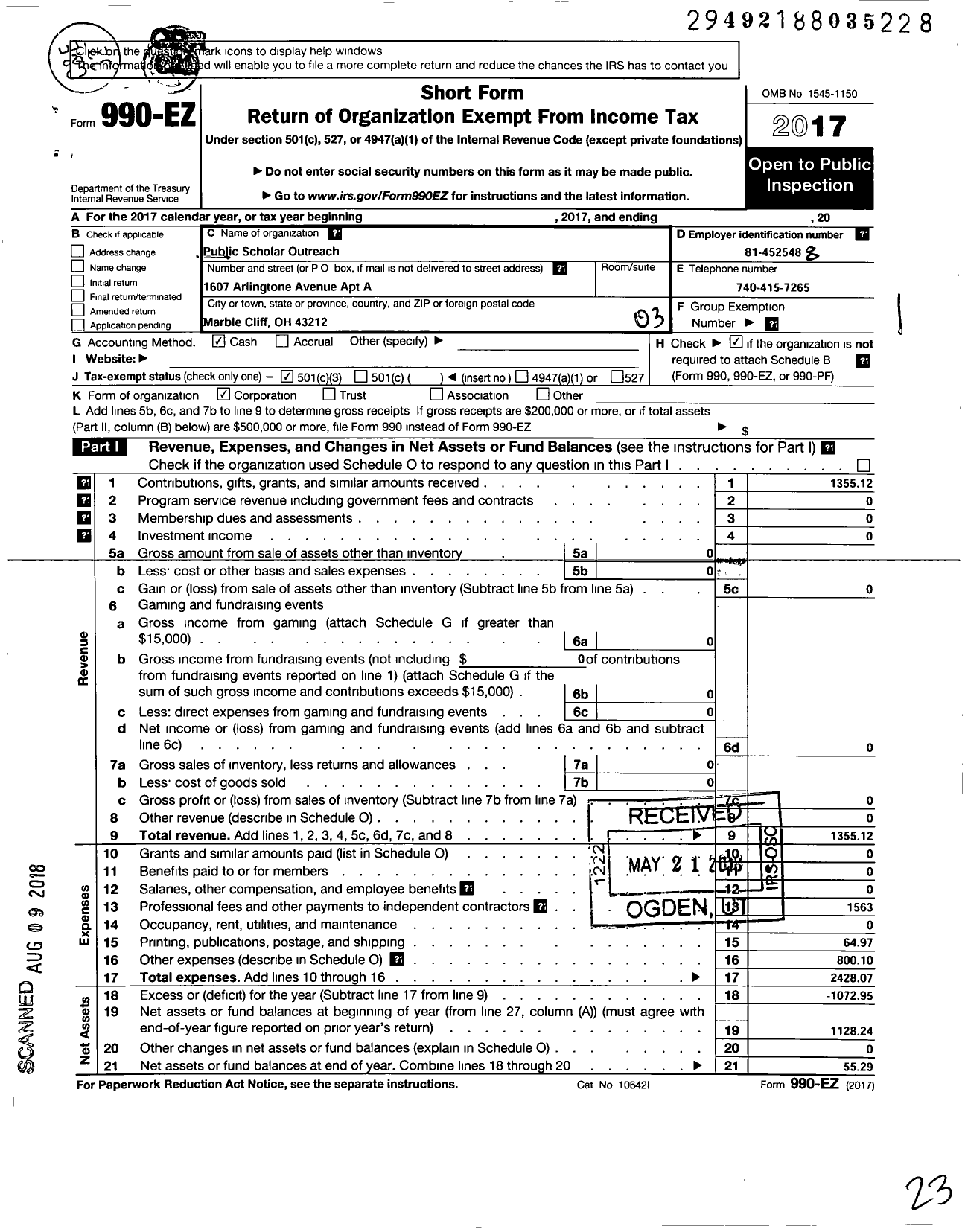 Image of first page of 2017 Form 990EZ for Public Scholar Outreach