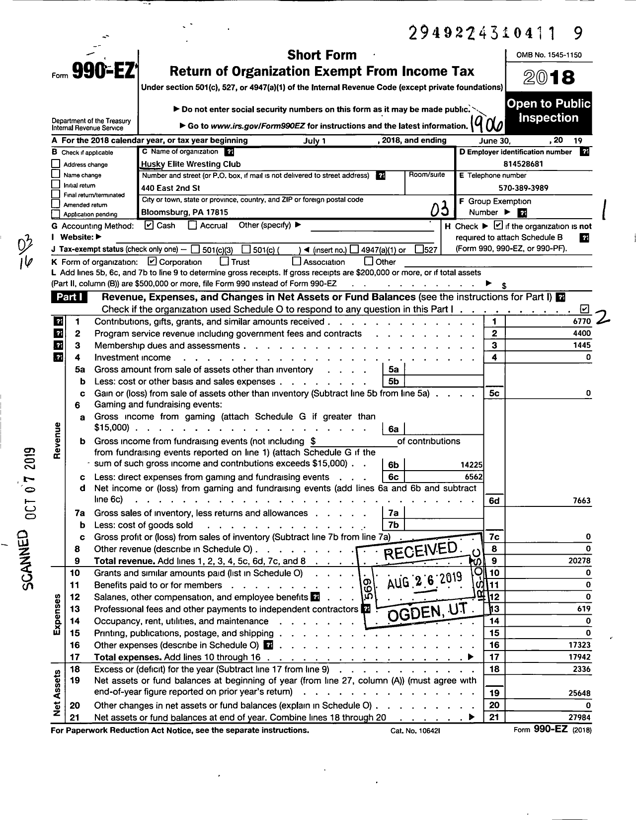 Image of first page of 2018 Form 990EZ for Husky Elite Wrestling Club