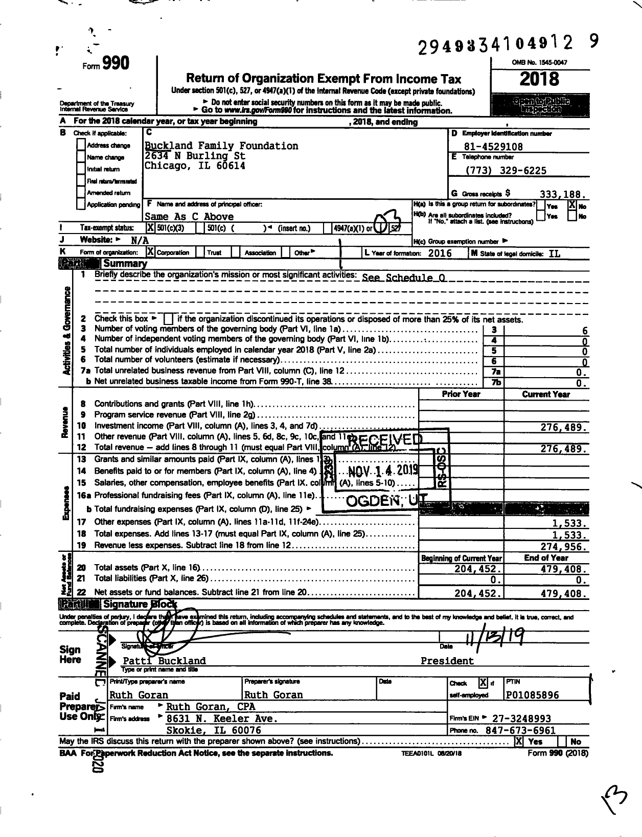 Image of first page of 2018 Form 990 for Buckland Family Foundation