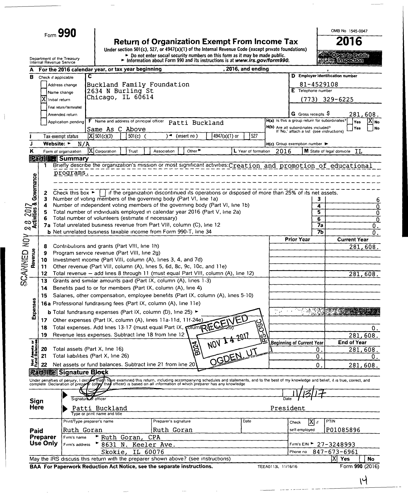 Image of first page of 2016 Form 990 for Buckland Family Foundation