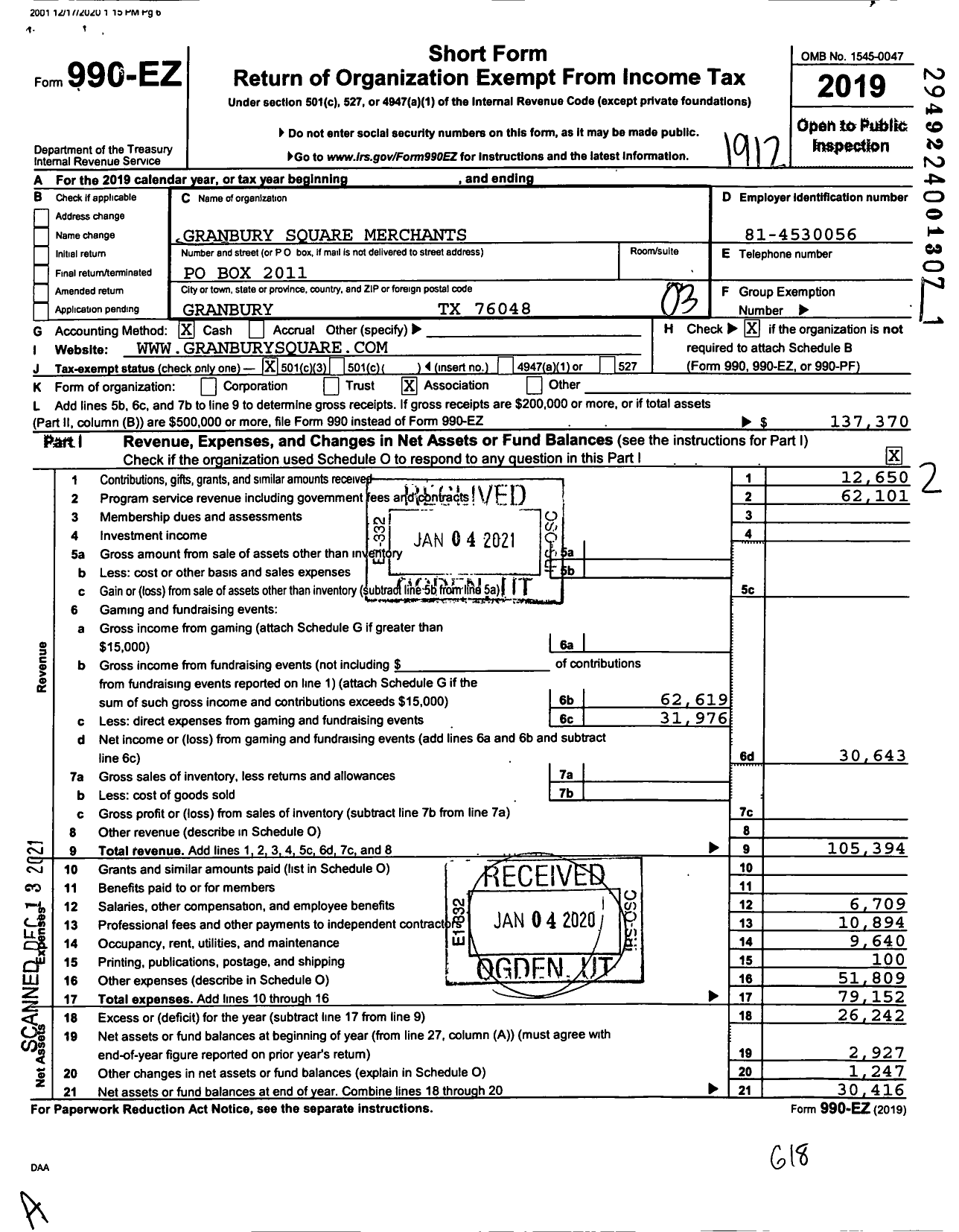 Image of first page of 2019 Form 990EZ for Granbury Square Merchants