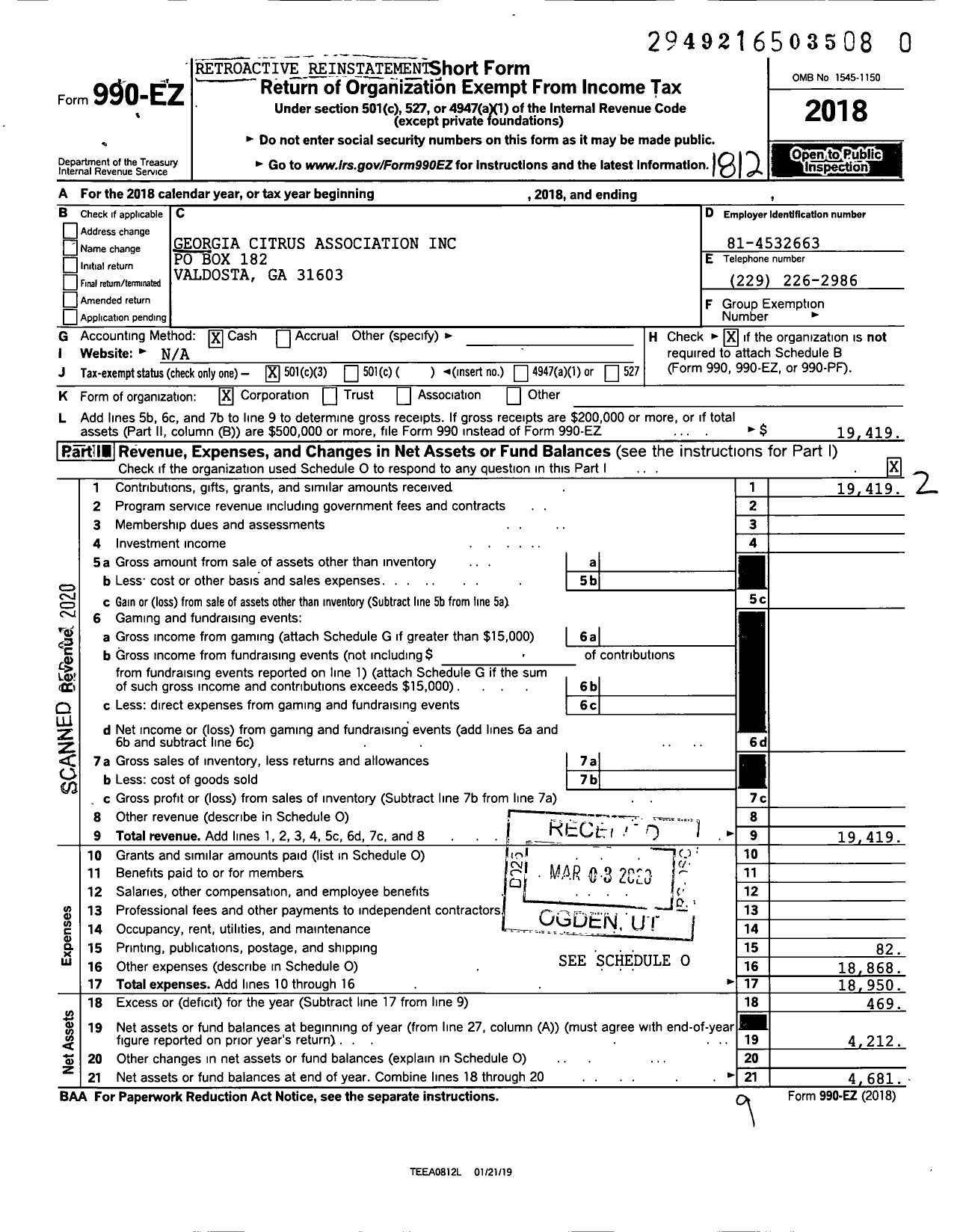 Image of first page of 2018 Form 990EZ for Georgia Citrus Association