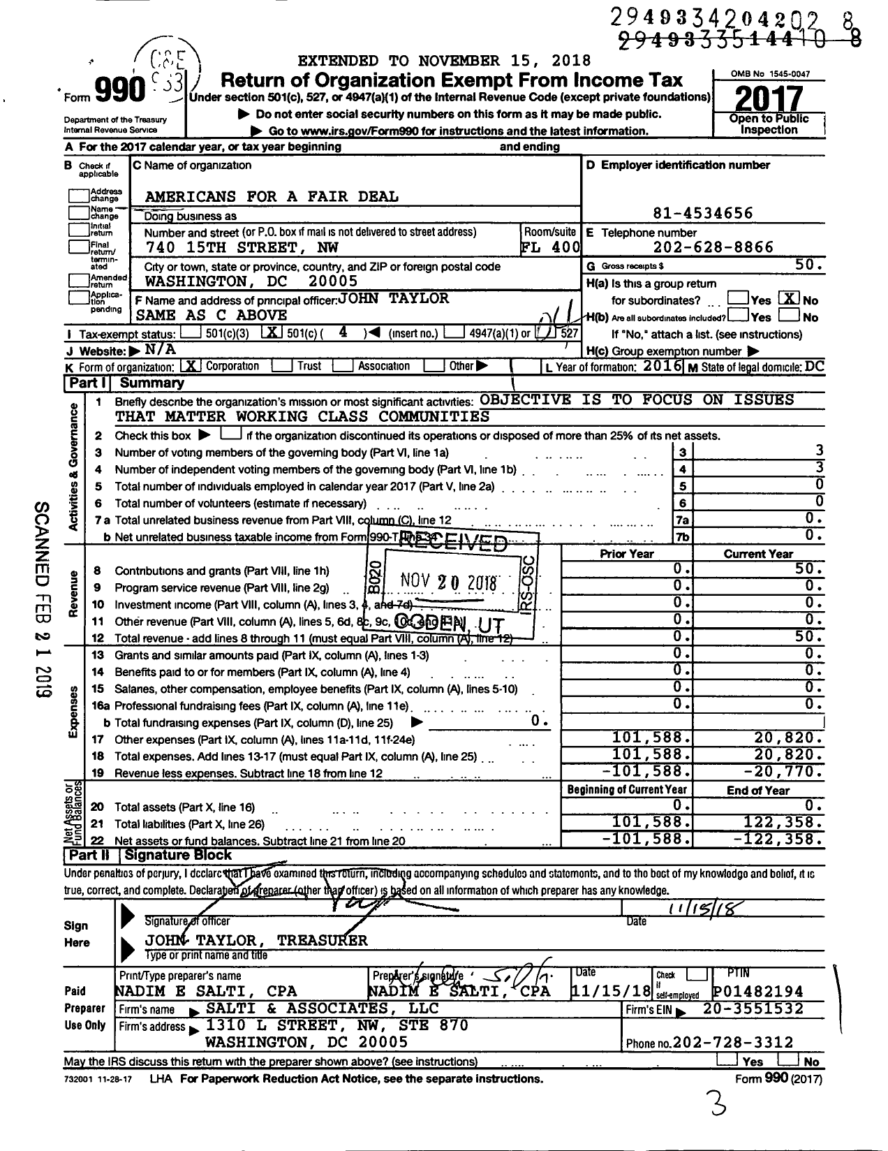 Image of first page of 2017 Form 990O for Americans for A Fair Deal