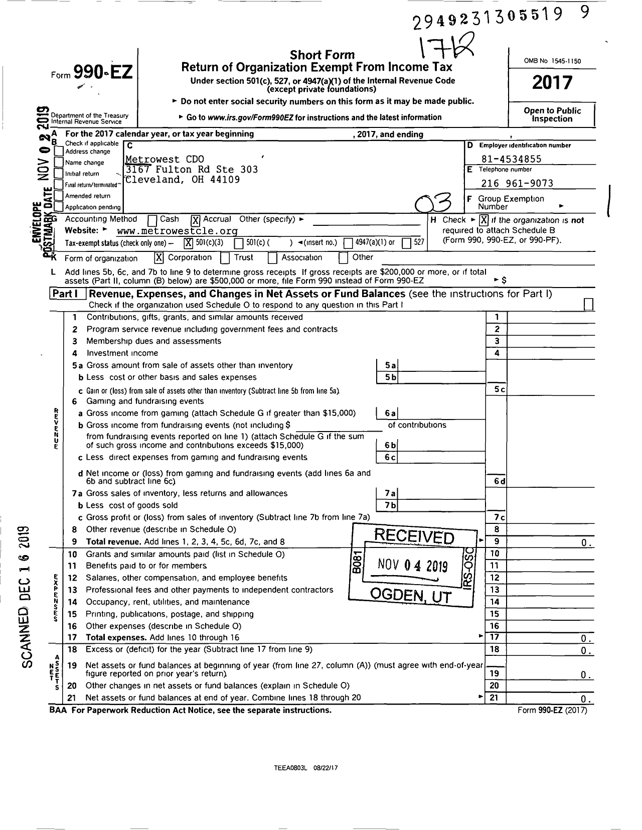 Image of first page of 2017 Form 990EZ for Metro West Community Development Organization