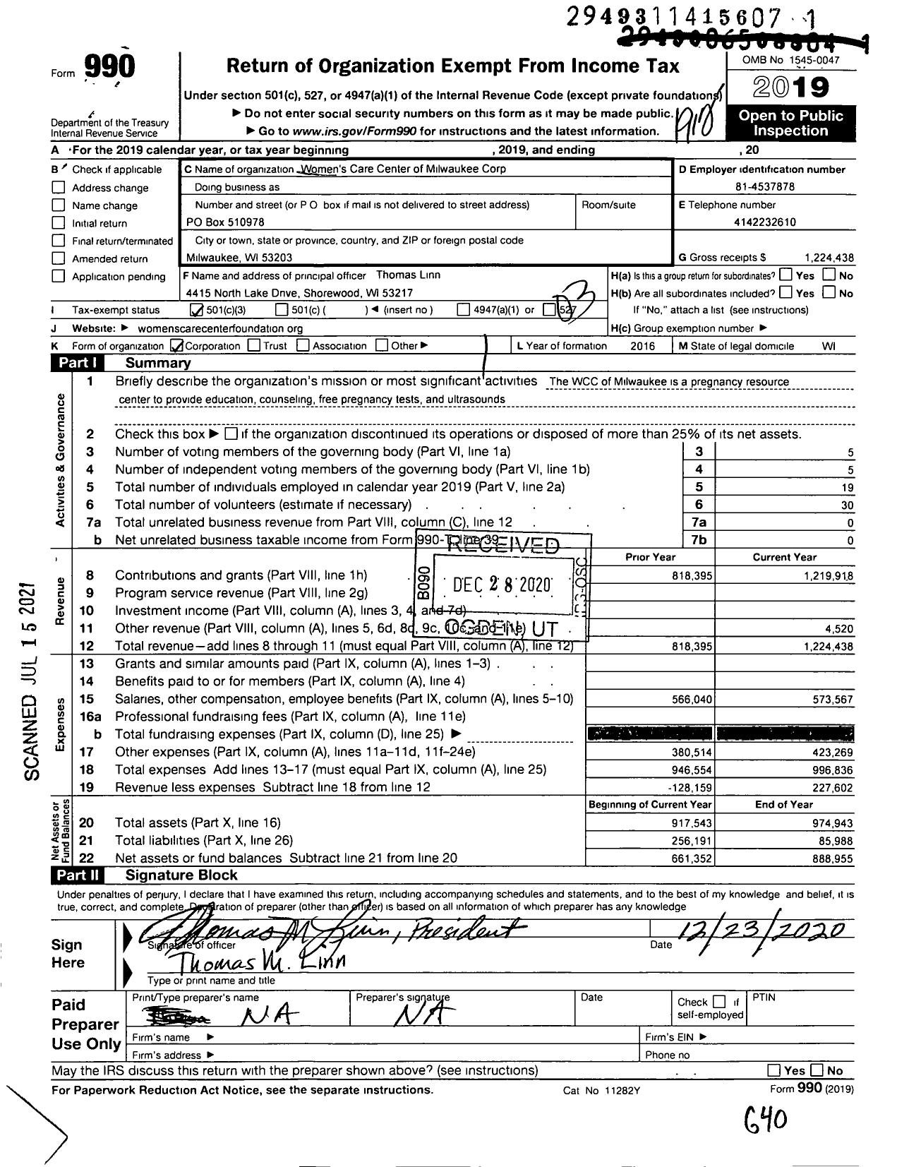 Image of first page of 2019 Form 990 for Women's Care Center of Milwaukee Corp