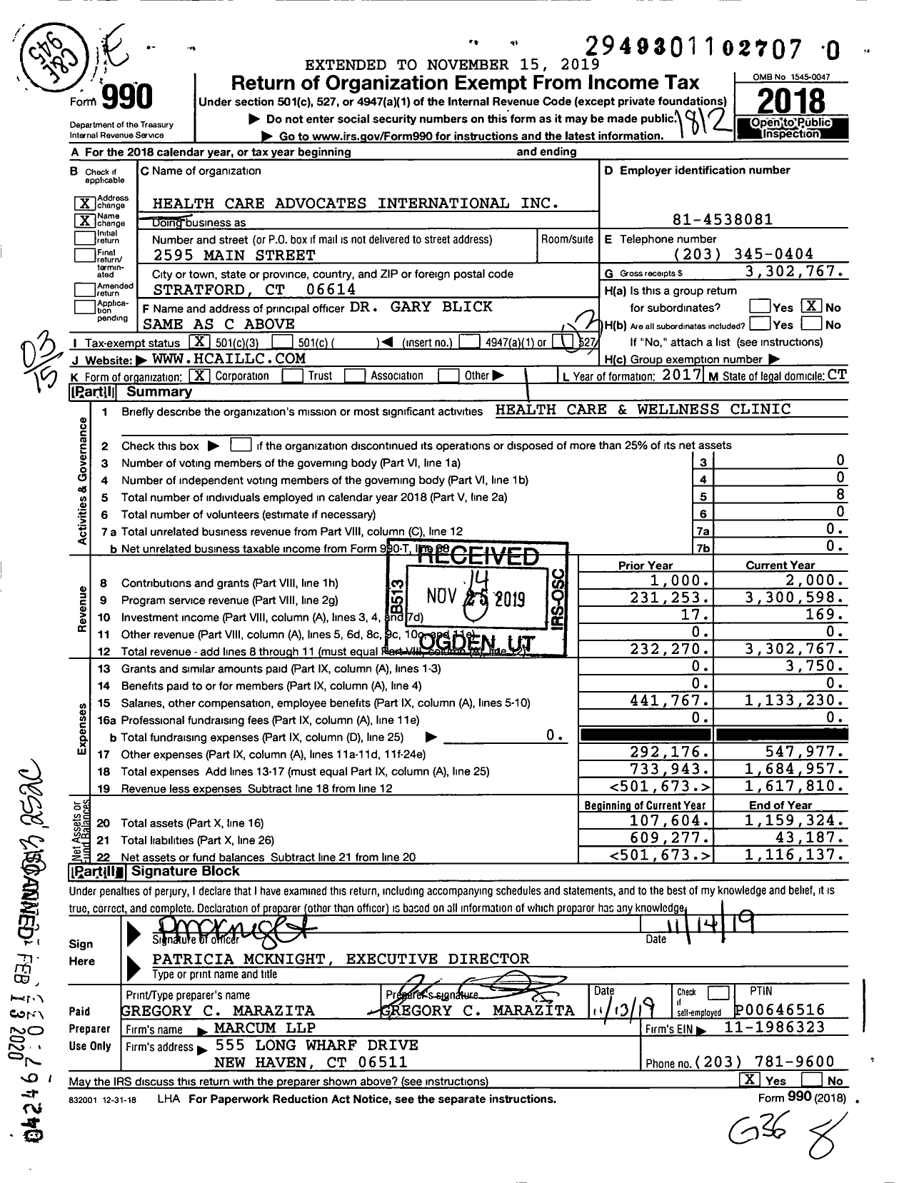 Image of first page of 2018 Form 990 for Health Care Advocates International LLC