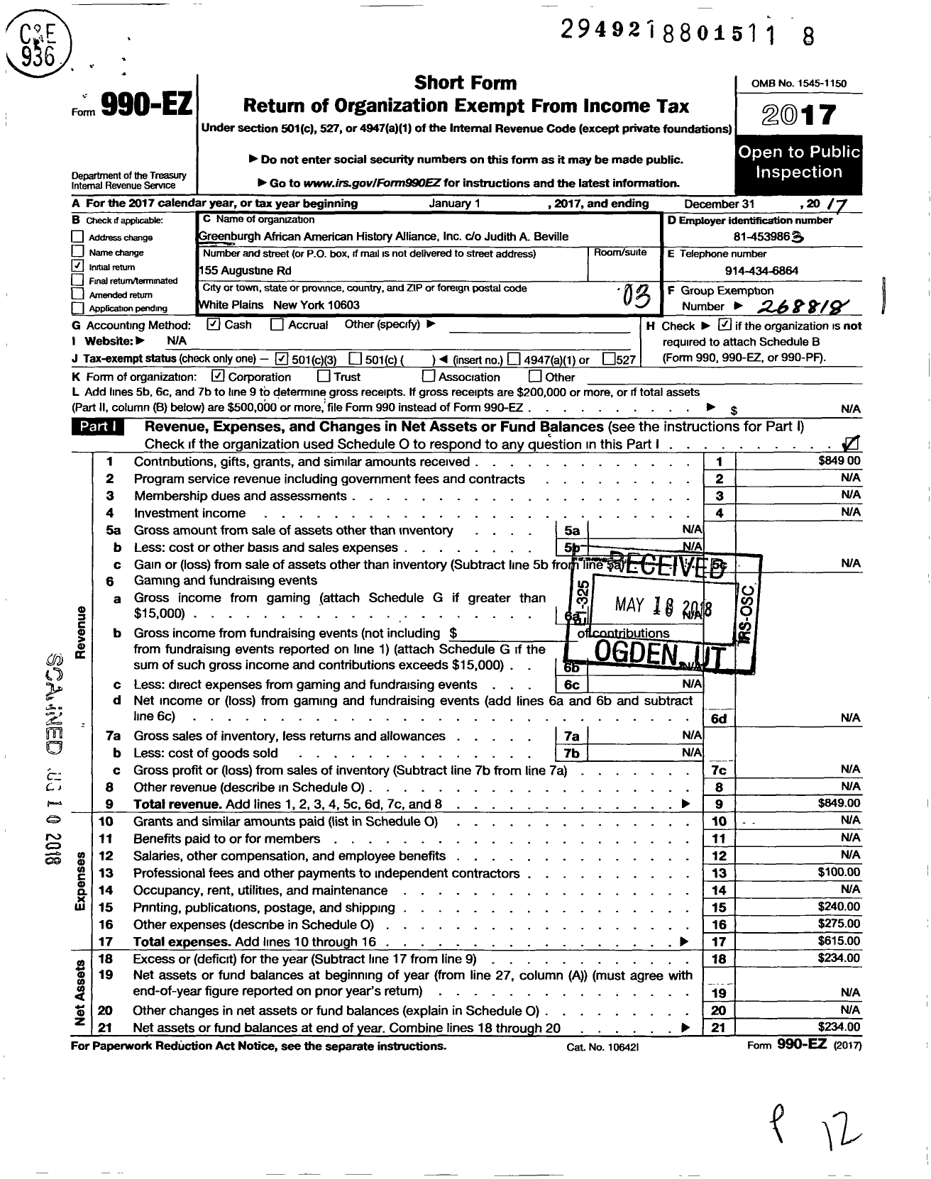 Image of first page of 2017 Form 990EZ for Greenburgh African American History Alliance