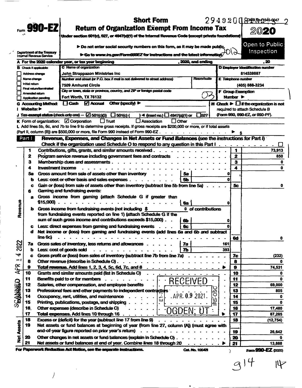 Image of first page of 2020 Form 990EZ for John Strappazon Ministries