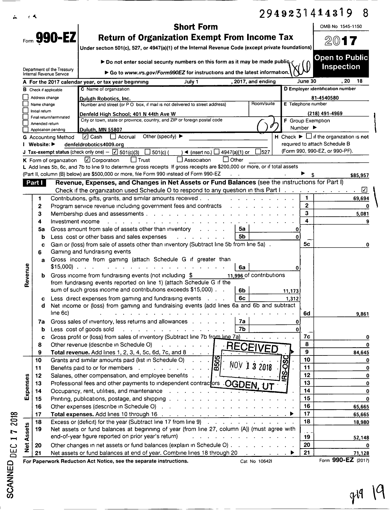 Image of first page of 2017 Form 990EZ for Duluth Robotics