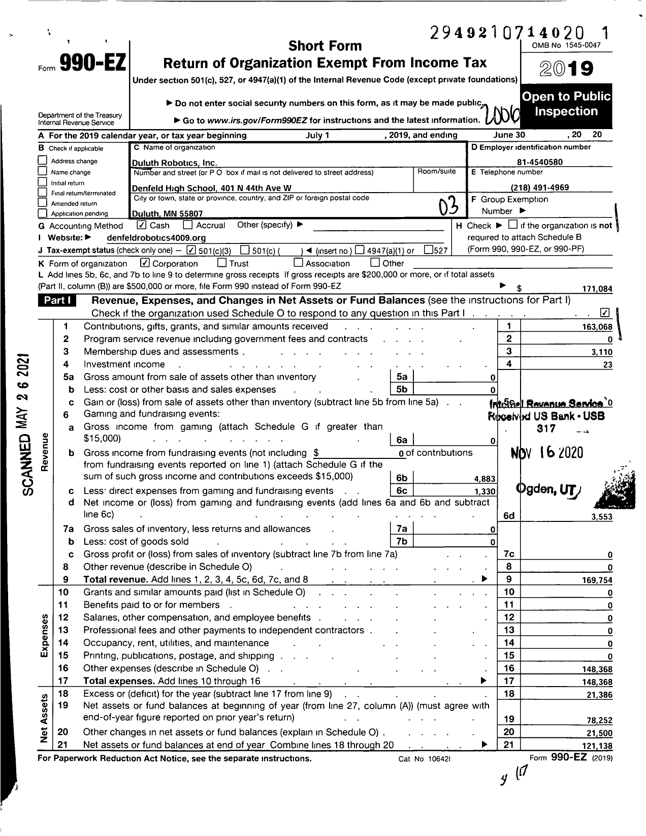 Image of first page of 2019 Form 990EZ for Duluth Robotics