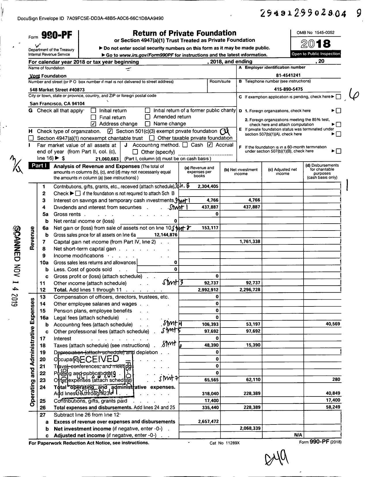 Image of first page of 2018 Form 990PF for Vogt Foundation