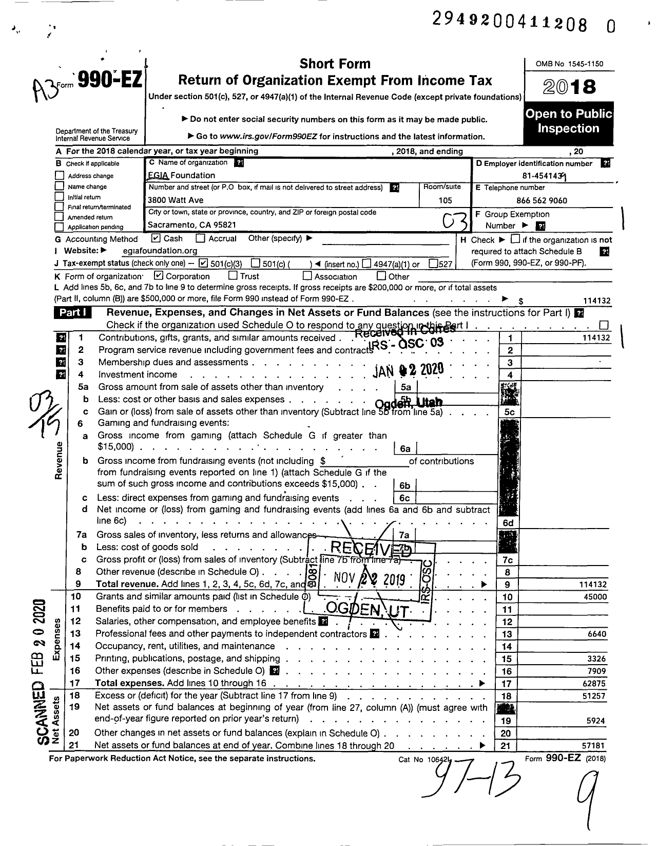 Image of first page of 2018 Form 990EZ for Egia Foundation