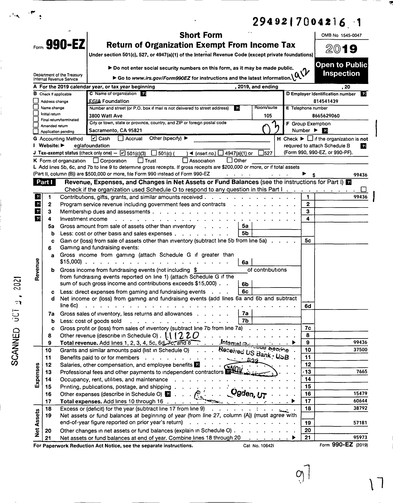 Image of first page of 2019 Form 990EZ for Egia Foundation