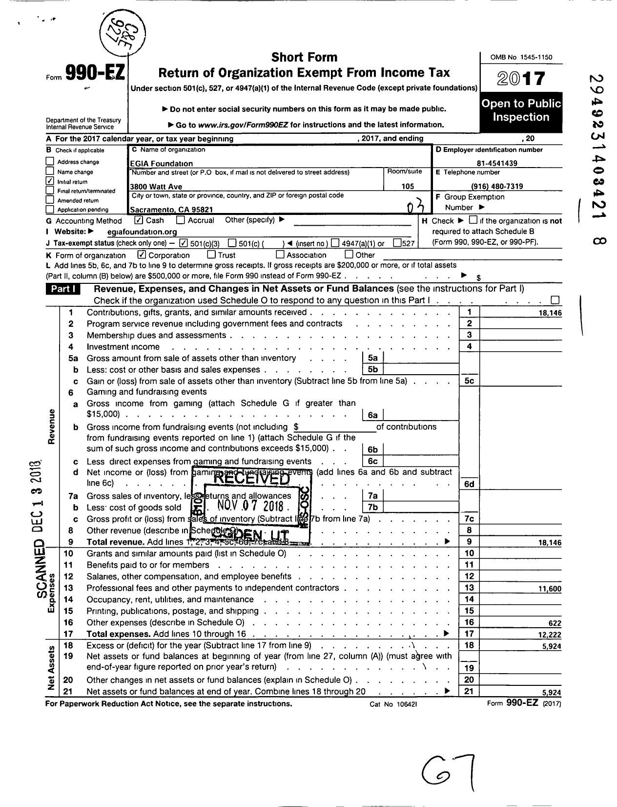 Image of first page of 2017 Form 990EZ for Egia Foundation