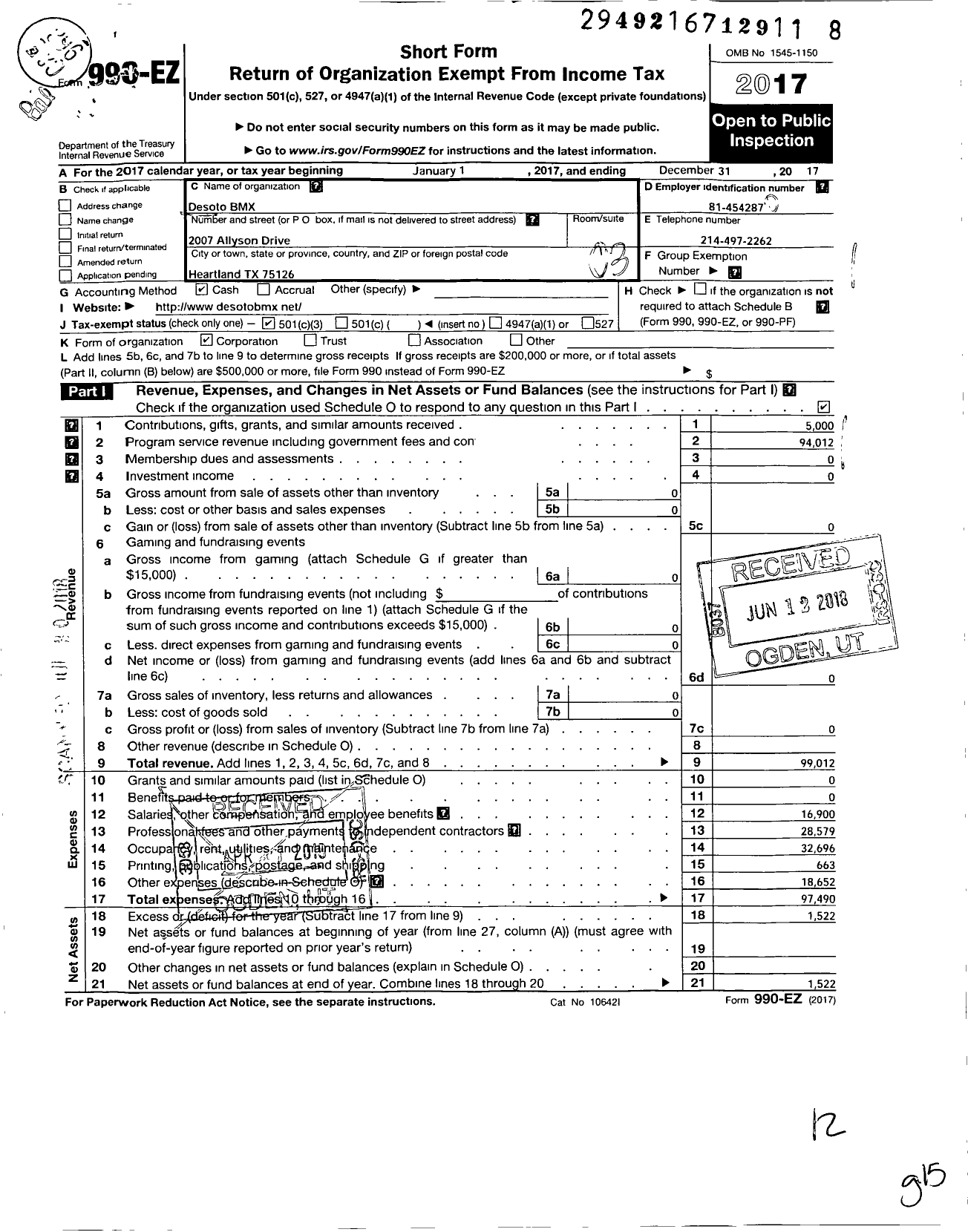 Image of first page of 2017 Form 990EZ for Desoto BMX